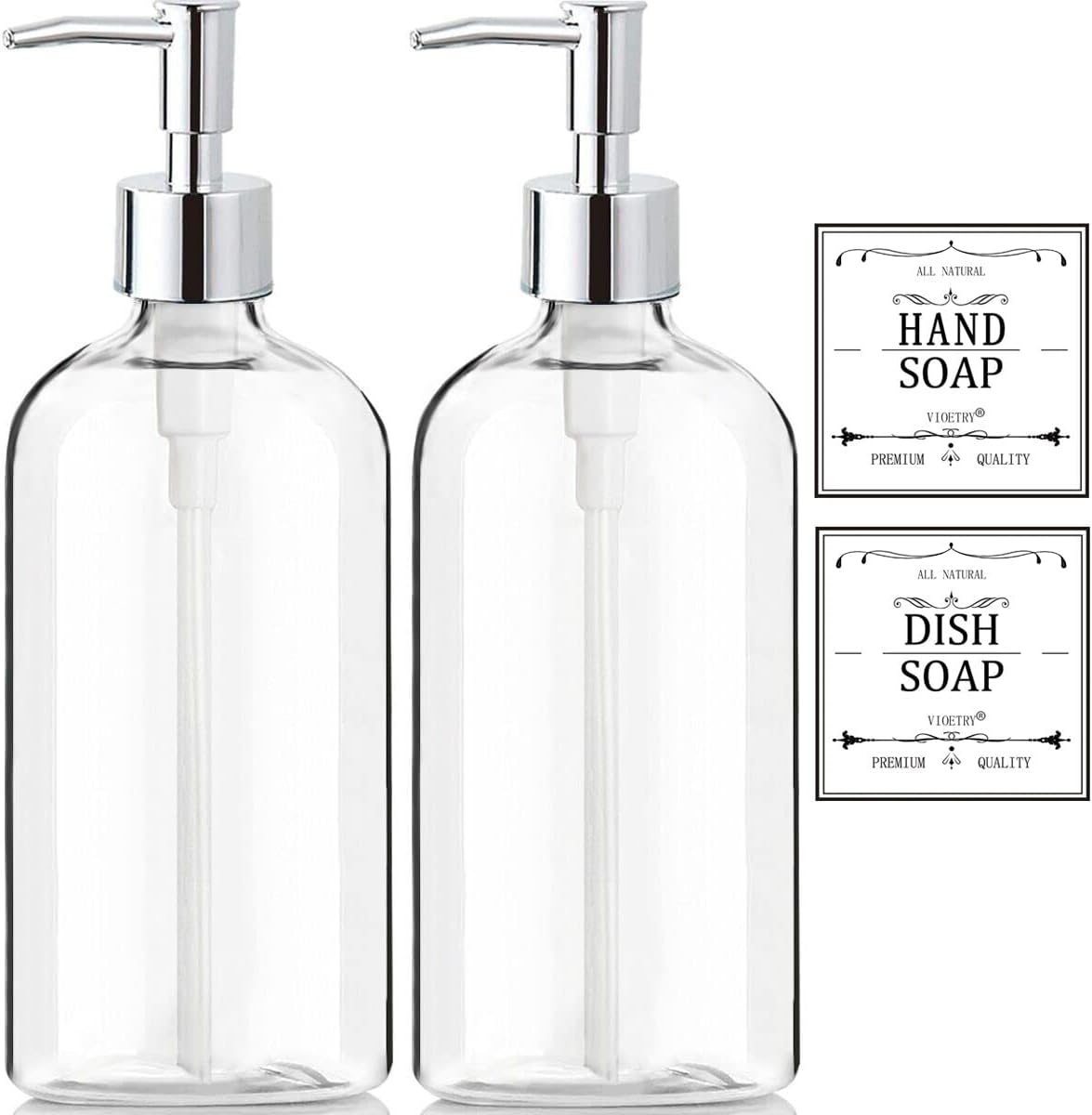 Clear Soap Dispenser with Rust Proof Pump, Waterproof Labels (2 Pack,16 Oz), Plastic Hand Soap Dish Soap Dispenser for Kitchen Bathroom