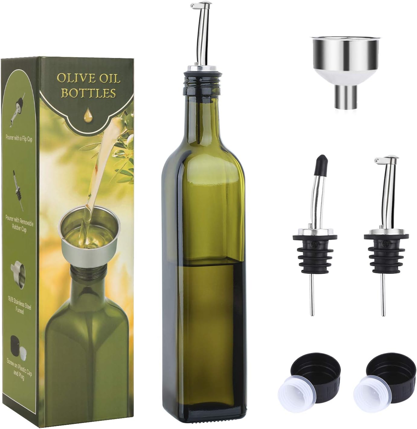 AOZITA 17oz Glass Olive Oil Bottle Dispenser – 500ml Green Oil and Vinegar Cruet with Pourers and Funnel – Olive Oil Carafe Decanter for Kitchen