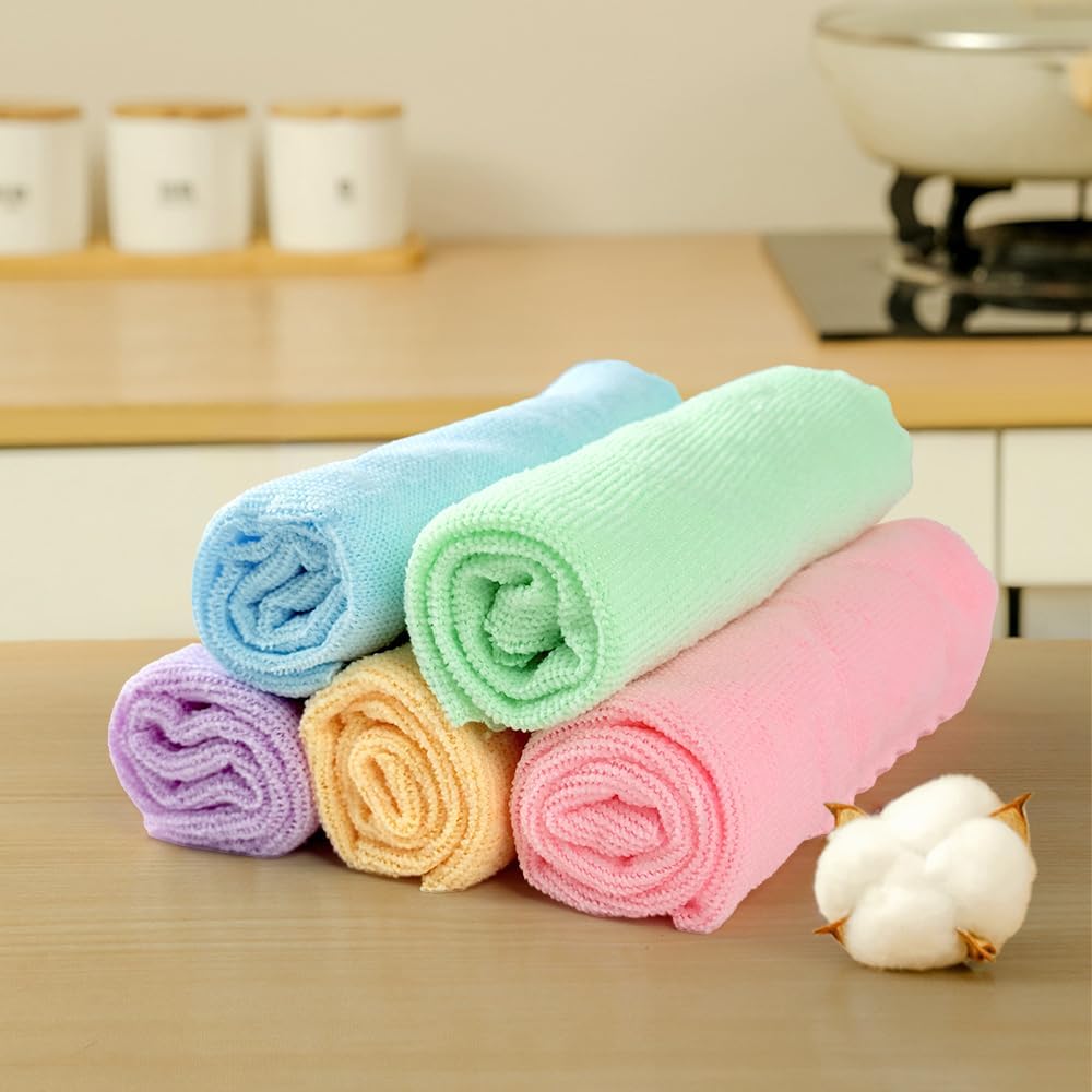 5 Pack Kitchen Dish Towels, 12″ x 12″, Ultra Soft Dish Drying Towels, Reusable Microfiber Cleaning Cloth for Kitchen & Home (Orange/Pink/Blue/Purple/Green)