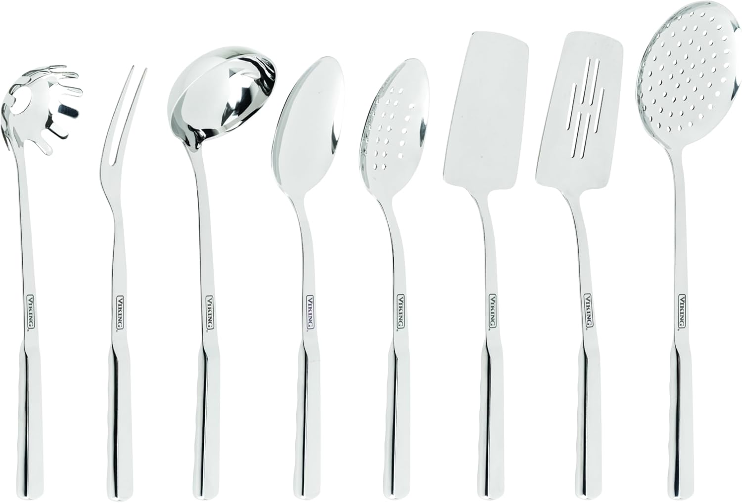 Viking Kitchen Utensils Set, 8 Piece Stainless Steel Cooking Utensil Set, Includes Spatulas, Spoons, Pasta Fork, Deep Ladle, Meat Fork, and Skimmer, Silver