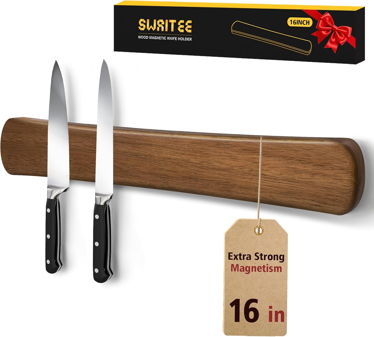 Swaitee Magnetic Knife Holder for Wall, 16 Inch Wood Knife Strip with Strong Magnetism, Kitchen Accessories Organizer, Housewarming Gifts for New Home, Storage Space Savers for Apartment/Rv/Farmhouse
