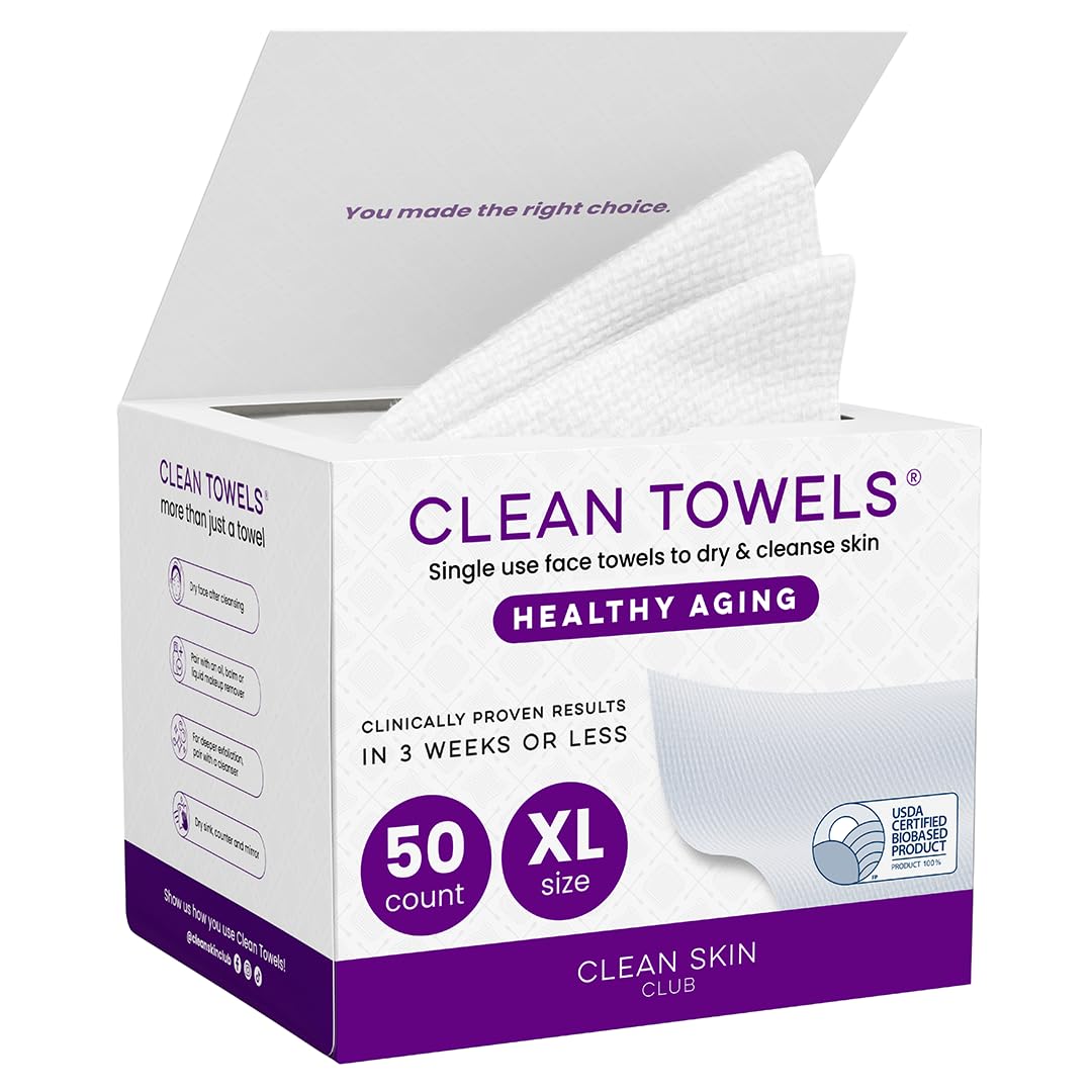 CLEAN SKIN CLUB Healthy Aging Clean Towels® XL, Smooths Fine Lines Wrinkles & Texture, Disposable Face Dry Wipes, XL – 1 Pack (50 count)