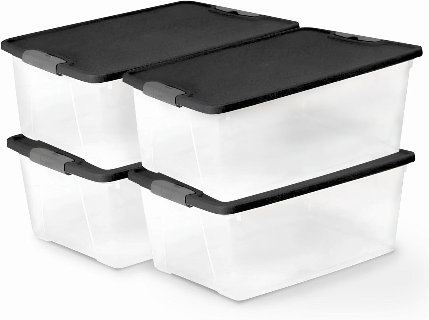 HOMZ 4-Pack Secure Latch, Clear Plastic Storage Organizer Bins, 15 Quart, Gray Lid – Stackable Container Boxes for Bedroom, Bathroom, Garage, and Office Organization