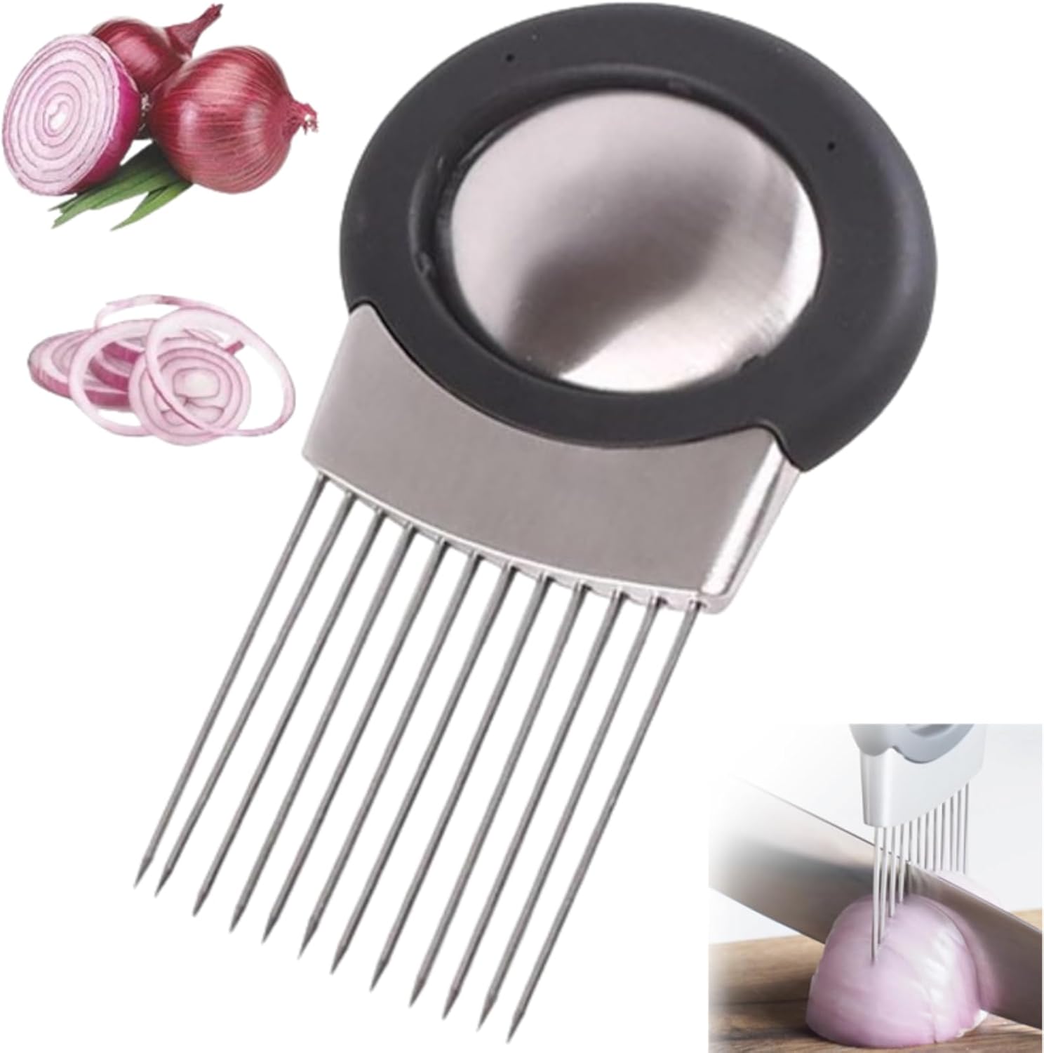 2024 Upgrade Stainless Steel Onion Slice Holder Lemon Slicer Vegetable Cutter, Kitchen Chopper Slicing Assistant Tool for Onion Potato Lemon (1 Pack)
