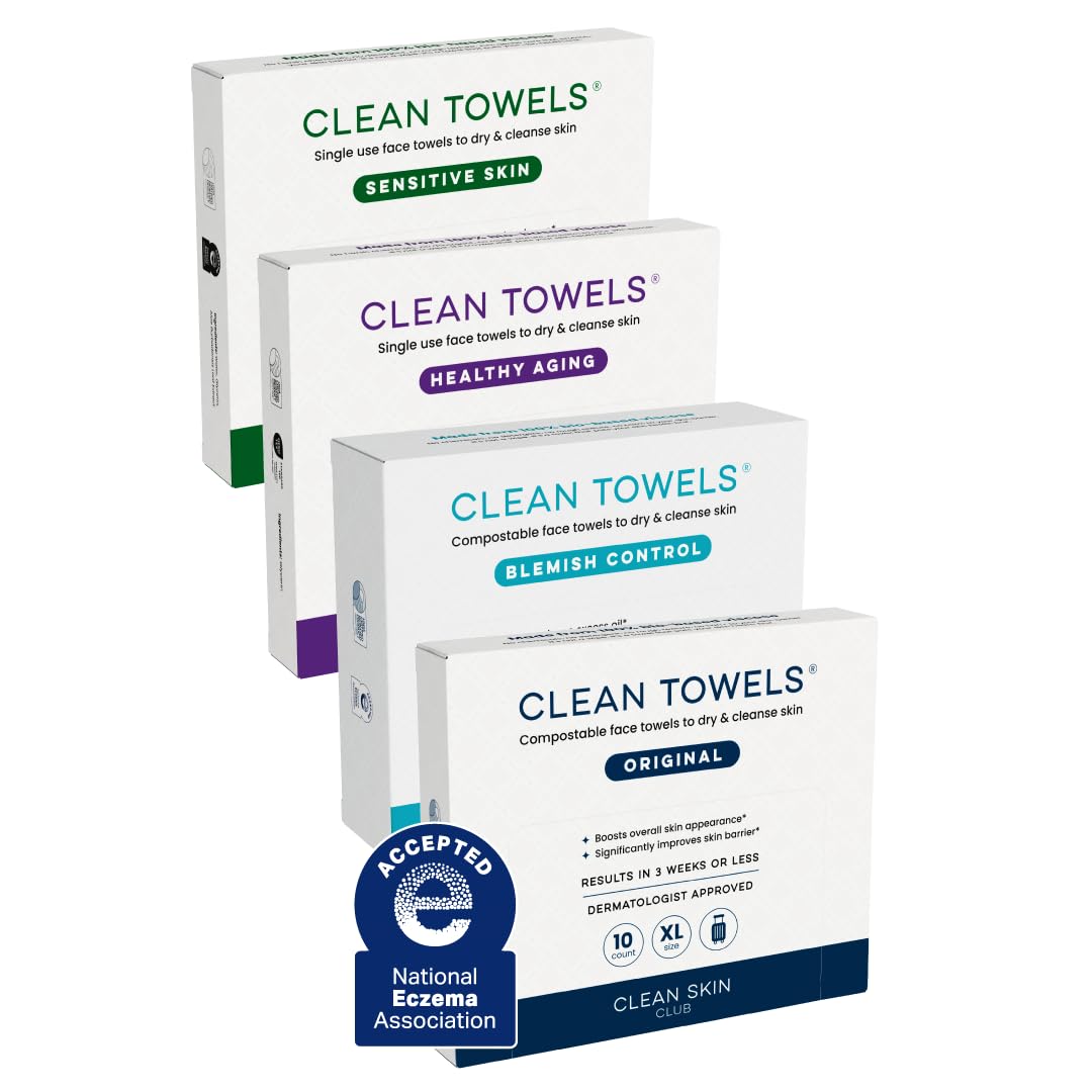 Clean Skin Club Clean Towels® XL Variety 4-Pack Travel Set, Disposable Face Towels, Includes Original, Sensitive, Blemish Control & Healthy Aging, 40 Count Total, 10 Each