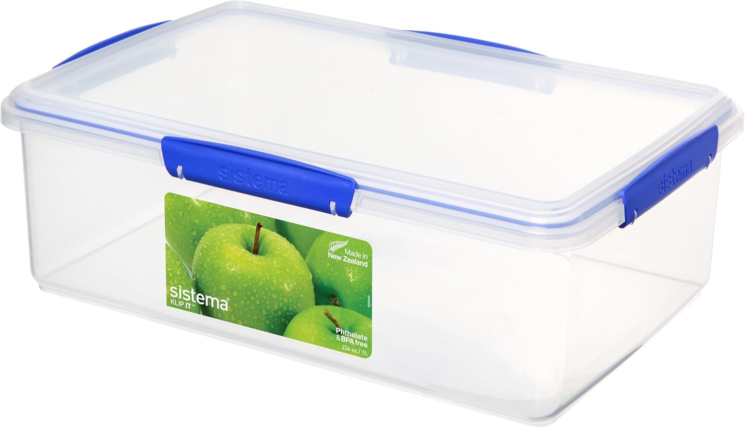 Sistema KLIP IT Food Storage Container, 7 L, Airtight & Stackable, BPA-Free, Clear with Blue Clips