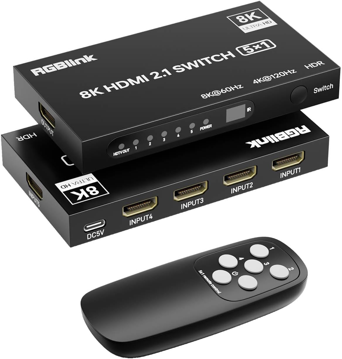RGBlink 8K HDMI Switch 5 in 1 Out, HDMI Splitter 8K@60Hz/4K@120Hz with Remote, 5 Port HDMI 2.1 Switcher, Compatible with PS5/4, Xbox, Fire TV Stick, Blu-Ray, HDTV, Monitor, Projector