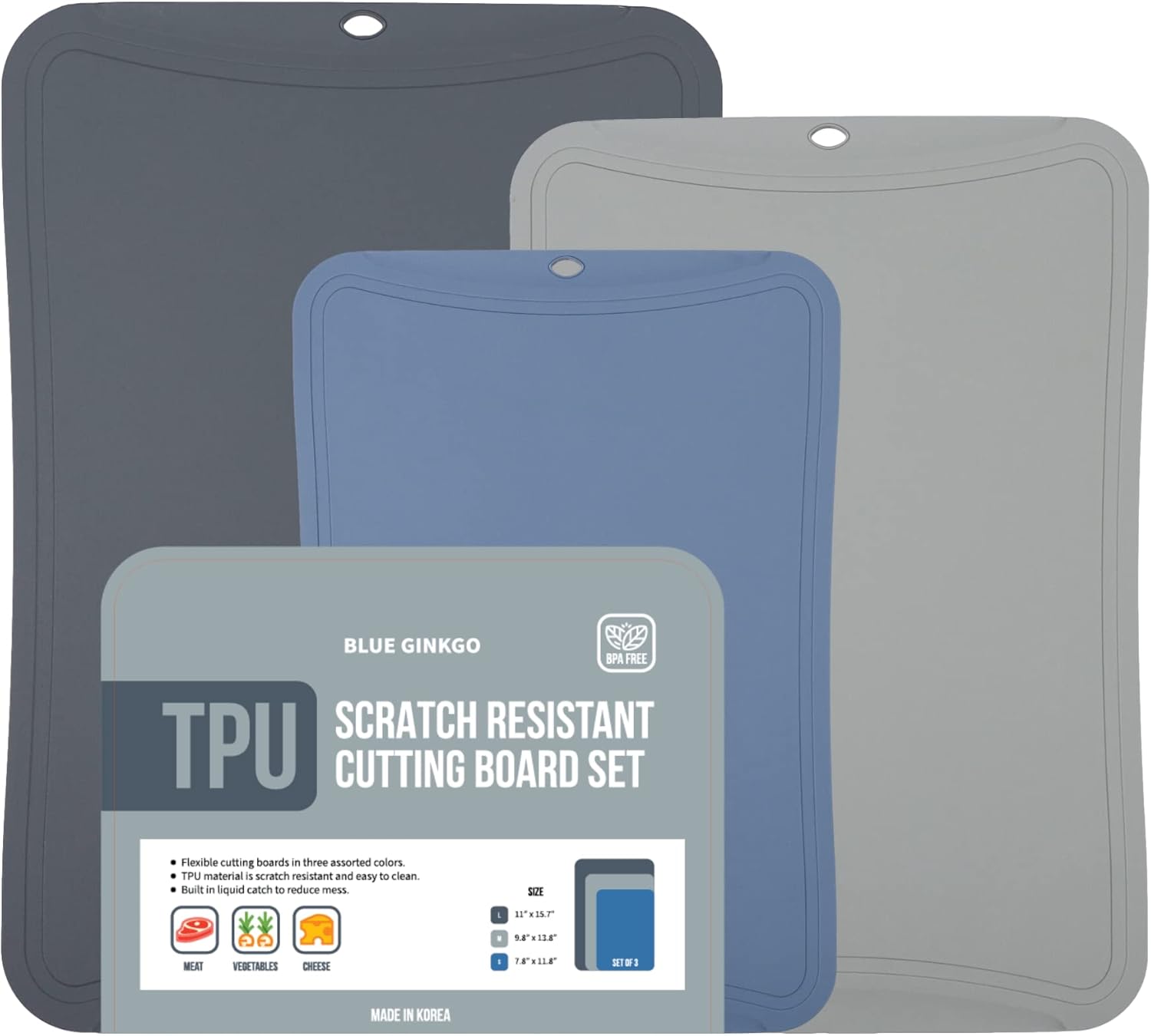 Blue Ginkgo TPU Cutting Mats [Set of 3] – Korean-Made Flexible, Knife-Friendly, Durable Kitchen Cutting Boards (Dark Gray, Gray, Blue)