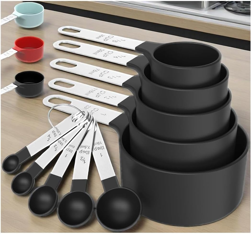 10Pcs Measuring Cups & Spoons Set, Stackable Cups and Spoons, Nesting Measure Cups with Stainless Steel Handle, Kitchen Gadgets for Cooking & Baking (Black)