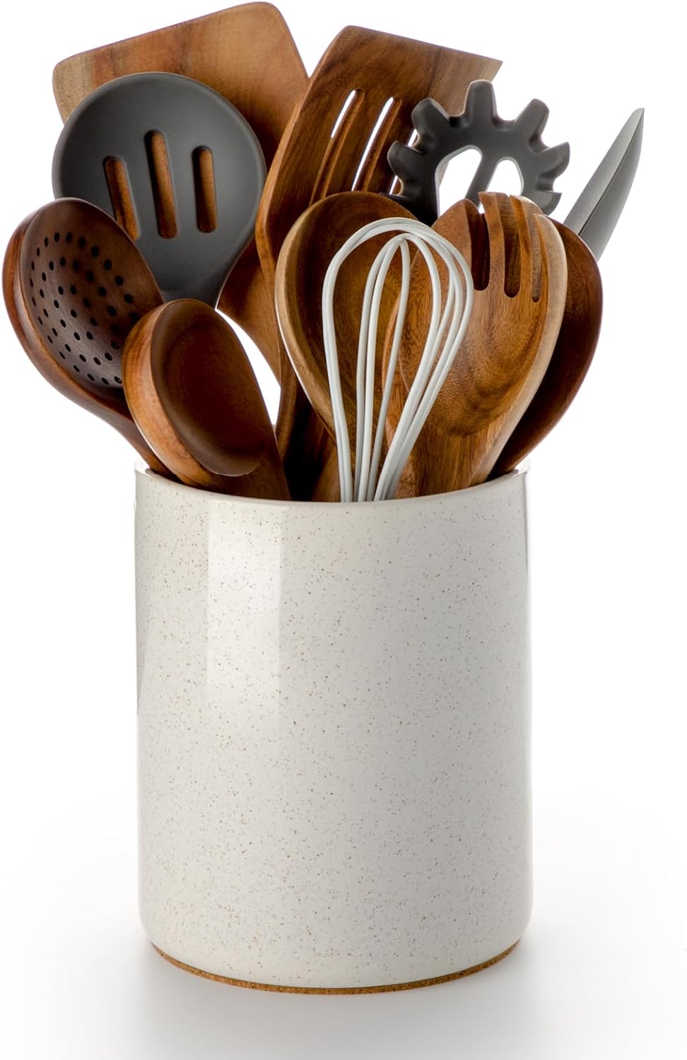 Nucookery Utensil Holder, 6.4″ Ceramic Kitchen Utensil Holder for Countertop with Protection Cork Bottom, Vintage Farmhouse Kitchen Decor for Counter, Gift (Sand)