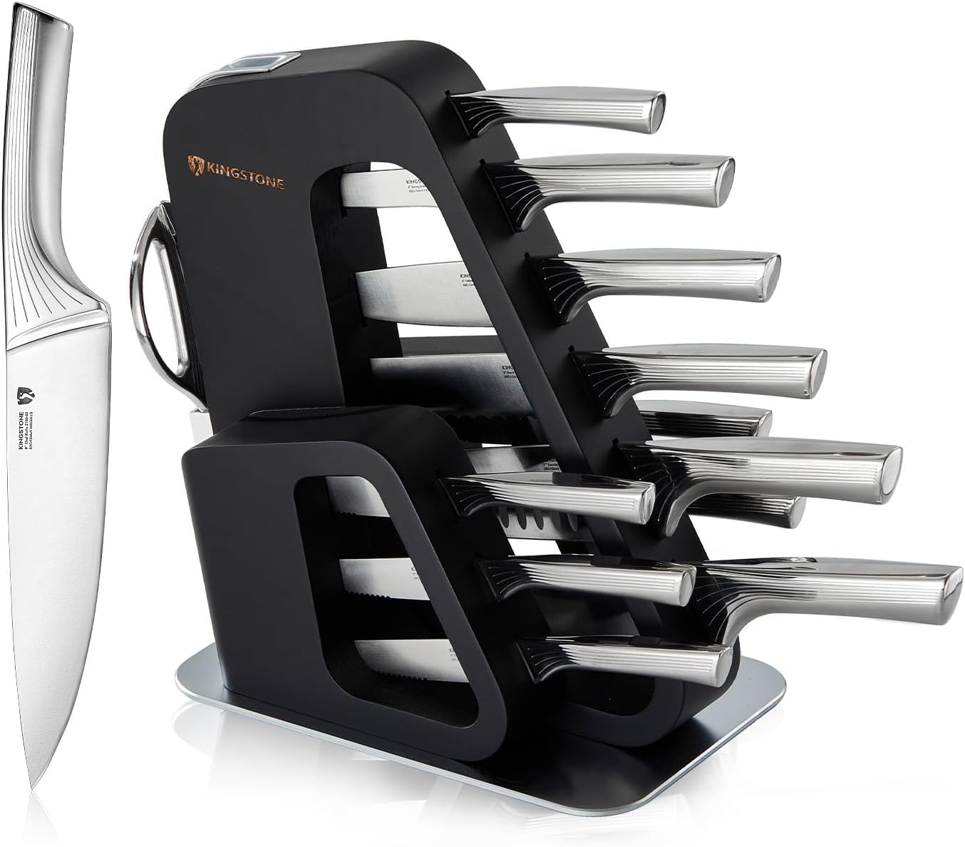 KINGSTONE 14 Pcs Kitchen Knife Set with Block, German Stainless Steel Knife Set with Built-in Sharpener, Dishwasher Safe Knife Block Set (Black, 14pcs)