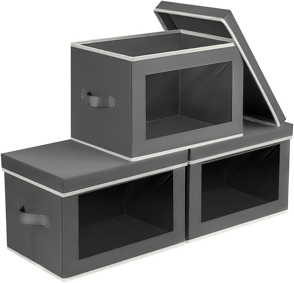 Homsorout Storage Bins with Lids – Fabric Storage Boxes with Lids, Collapsible Storage Bins with Window, Decorative Closet Organizers and Storage for Clothes, Towels, Books, 3 Pack, Dark Grey