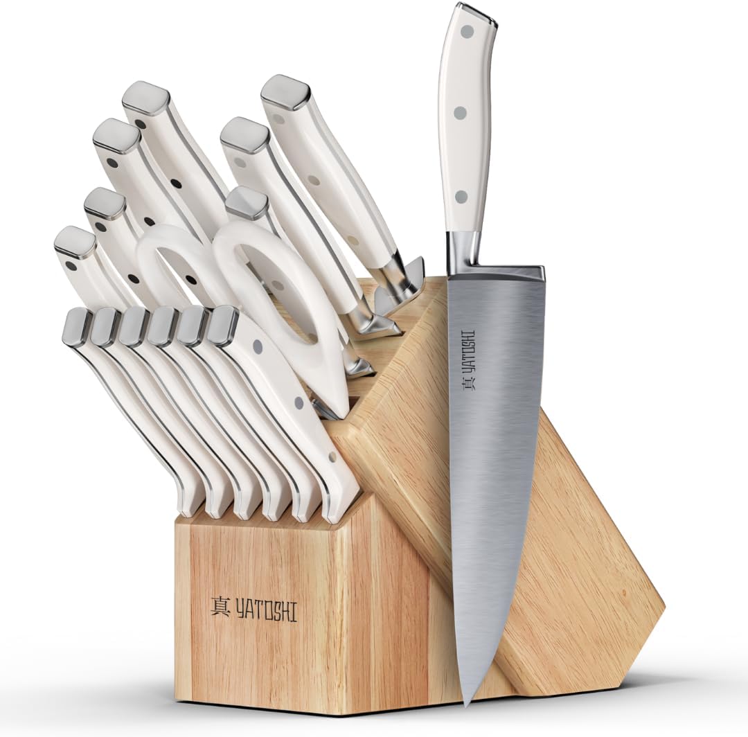 Yatoshi 15 Piece White Knife Block Set – Pro Kitchen Knife Set Ultra Sharp High Carbon Stainless Steel with Ergonomic Handle