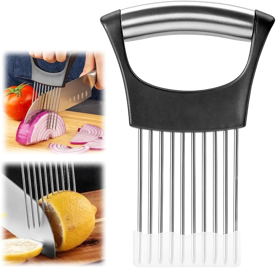 Onion Slicer, Stainless Steel Onion Holder for Slicing with Protective Case, Onion Cutter Tool for Meat Lemon Potato Tomato Avocado Egg Kitchen Slicing Assistant Tool (1 PCS)