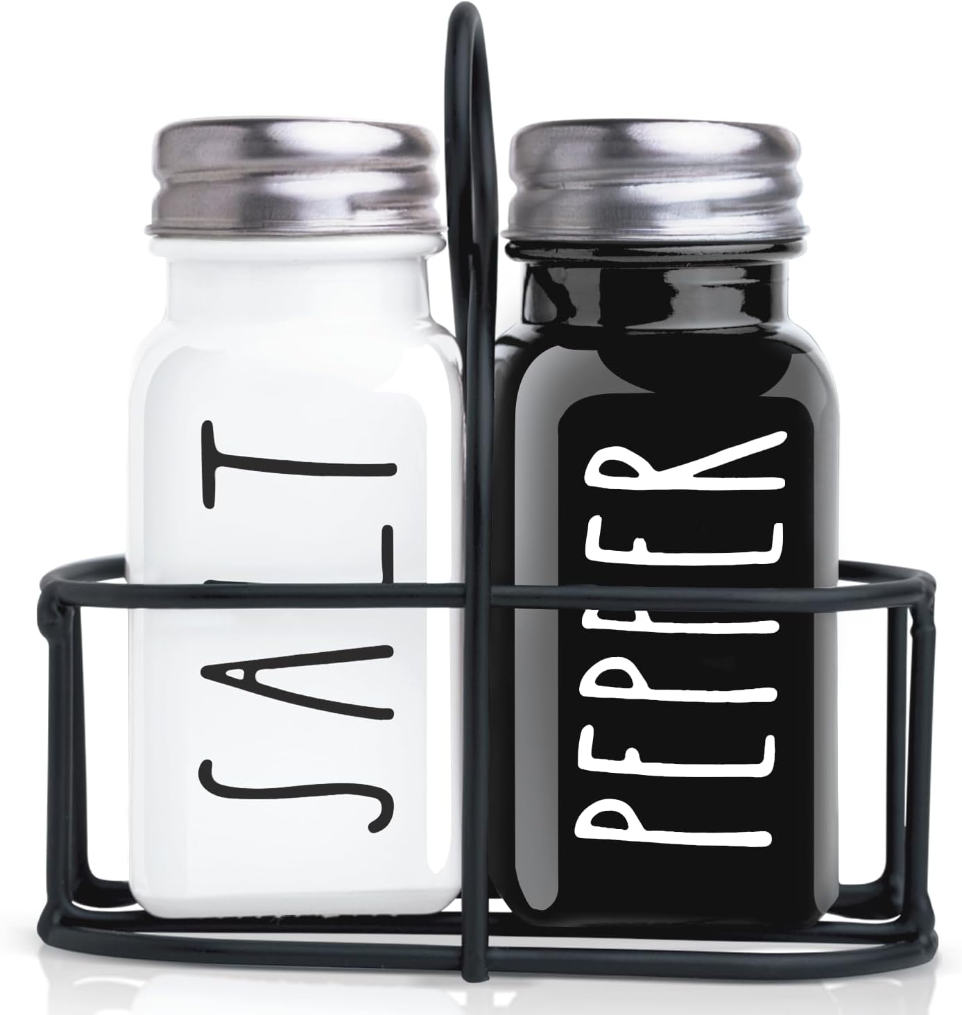 Farmhouse Salt and Pepper Shakers Set, a cute black and white premium glass shakers with stainless steel lids in a black metal holder, perfect for adding a vintage kitchen decor charm, great as a gift