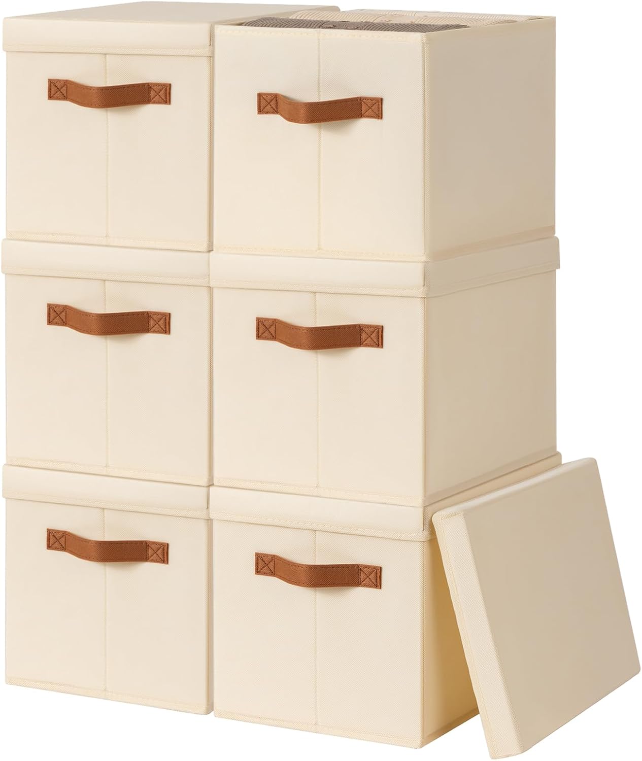 Homsorout Storage Bins with Lids – Fabric Storage Baskets for Shelves, 6 Pack Foldable Decorative Boxes with Handles, Stackable Organizer Bins for Home, Nursery, Dorm, Beige