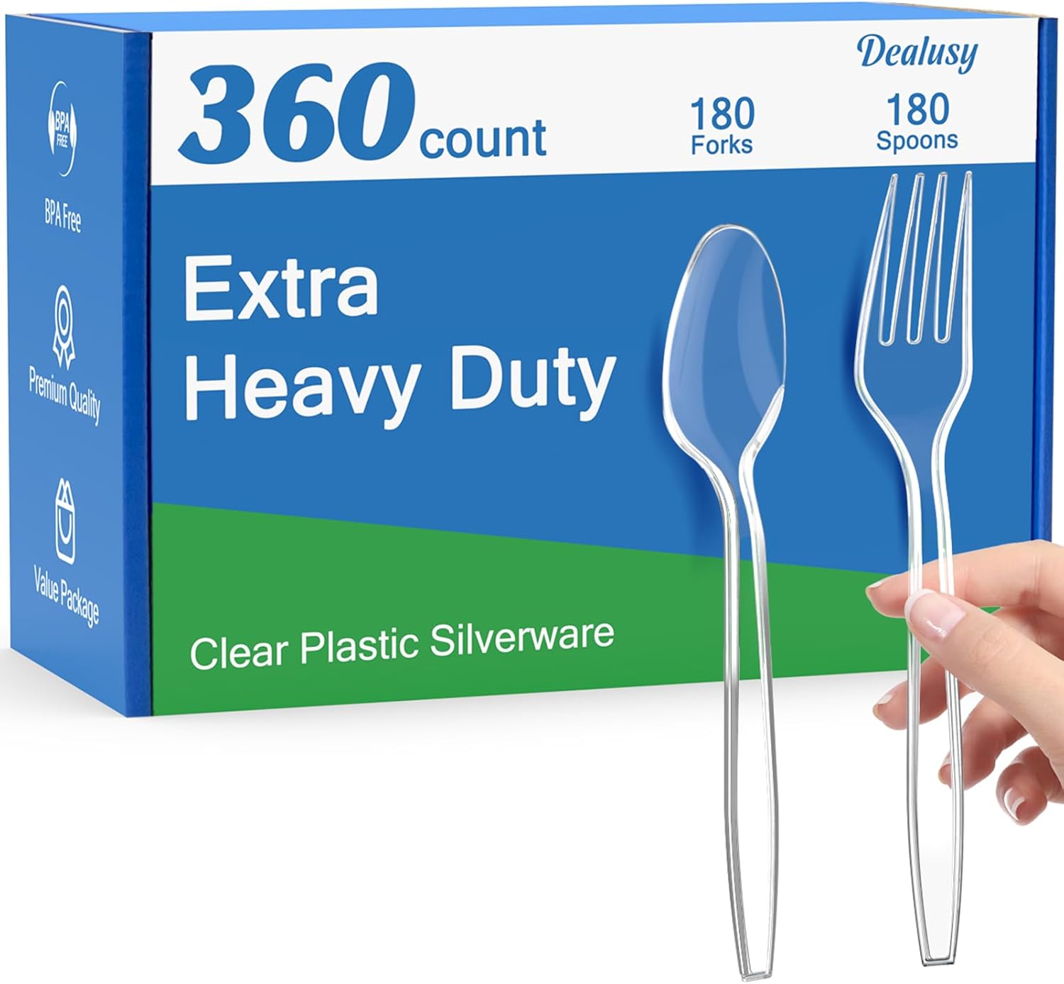 Dealusy 360 Count Extra Heavy Duty Clear Plastic Forks and Spoons, 180 Forks & 180 Spoons, Heat Resistant, Disposable Plastic Silverware Set