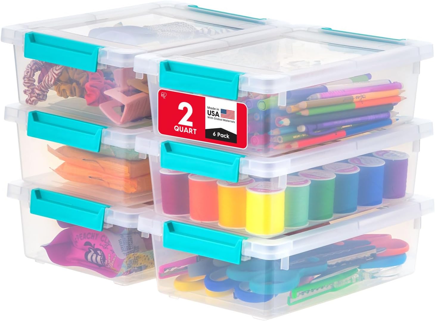 IRIS USA 2 Qt. Craft Storage Bins with Lids, 6-Pack, |Made in USA|, Clip Box, Small Plastic Sensory Bin Tote Organizer Containers for Art Supplies, Paper, & Office, Stackable – Clear/Seafoam Blue