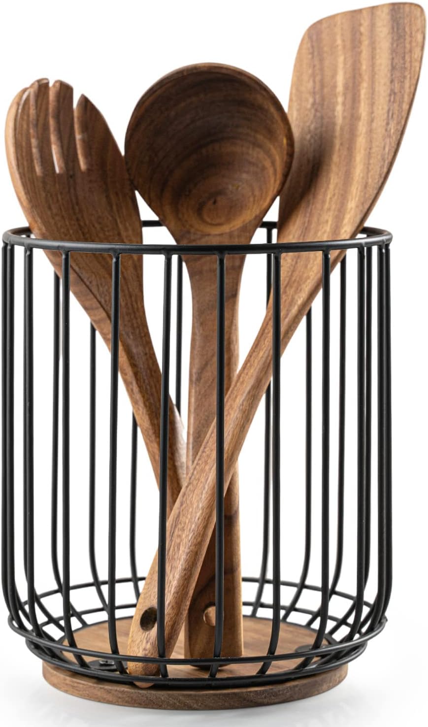 getstar Kitchen Utensil Holder, Large Wire Utensil Holder for Kitchen Counter (W6.2” x H7.5”) with Acacia Base