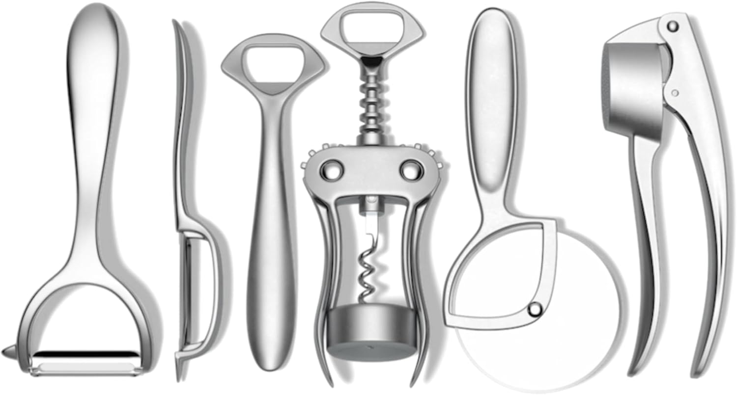 Public Goods Kitchen Tool Set | 6 Piece Kitchen Utensil Set | Includes Y-Peeler, Peeler, Bottle Opener, Wine Opener, Pizza Cutter, and Garlic Press | Plastic-Free, Dishwasher Safe Gadget Essentials