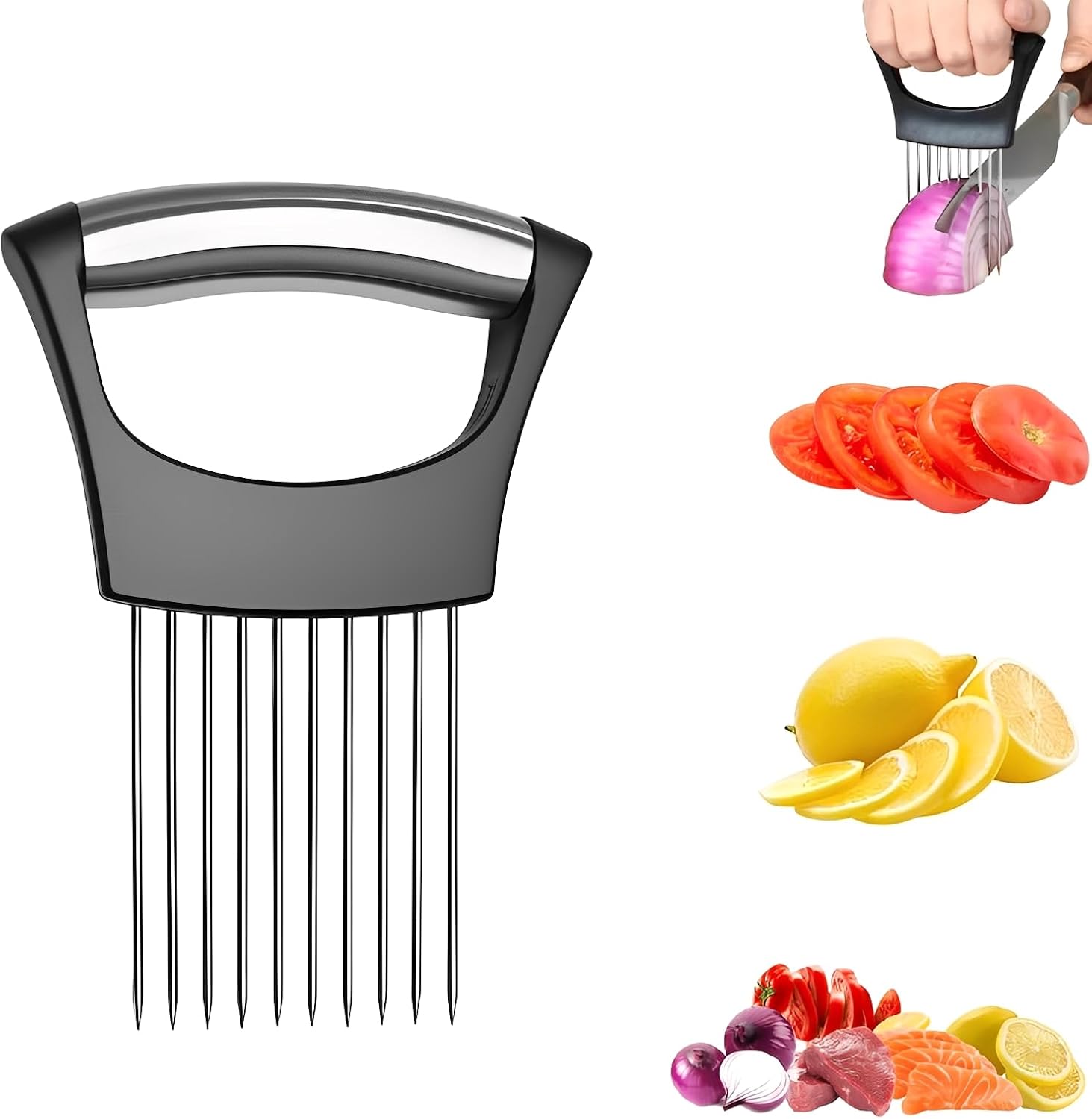 Onion Slice Holder, 2026 New Stainless Steel Onion Slice Holder Lemon Slicer Vegetable Cutter, Multifunctional Chopper Assistant Kitchen Slicer Tool for Fruit, Meat, Tomato, Onion Slicing ﻿ (1pcs)