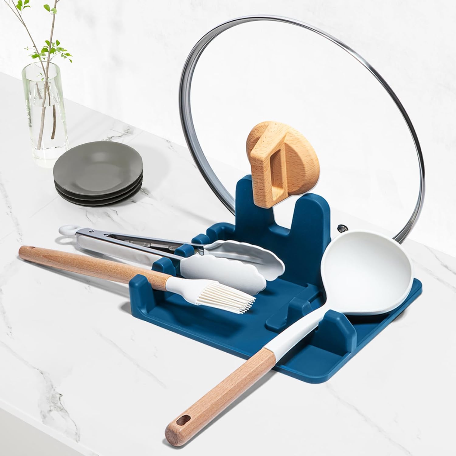Auoon Silicone Spoon Rest with Lid Holder – 3 in 1 Kitchen Utensil Rest for Soup Ladles, Pot Lids, Spatulas, Spoons, Tongs, BPA Free & Dishwasher Safe, 8.26 x 8.06 Inch (Fog Blue, Large)