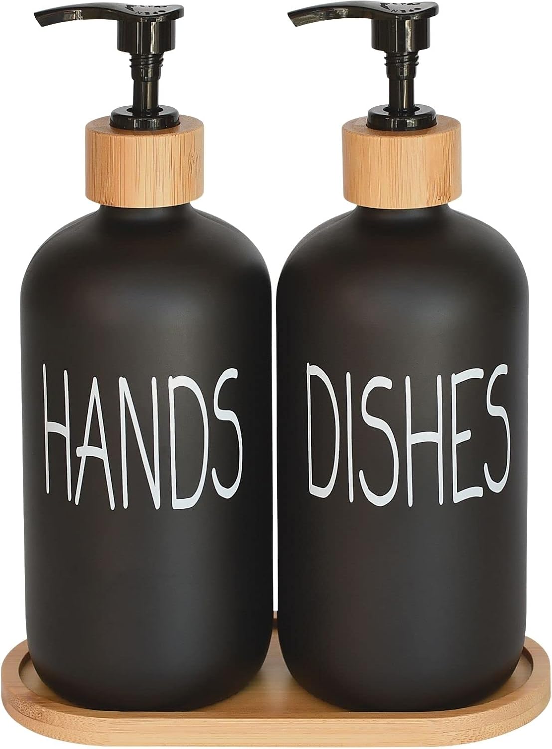 Glass Soap Dispenser Set. Hand and Dish with Bamboo Tray. Vintage Pump for Kitchen Drain Outlet Bathroom. Stylish Permanent Labels (Matte Black)