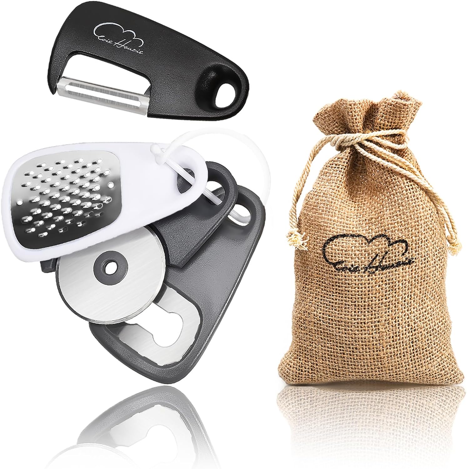 5 Pieces Kitchen Gadgets Set – Space Saving Cooking Tools Accessories Cheese Chocolate Grater, Fruit Vegetable Peeler, Bottle Opener, Pizza Cutter, Burlap Bags with Drawstring Gift Set