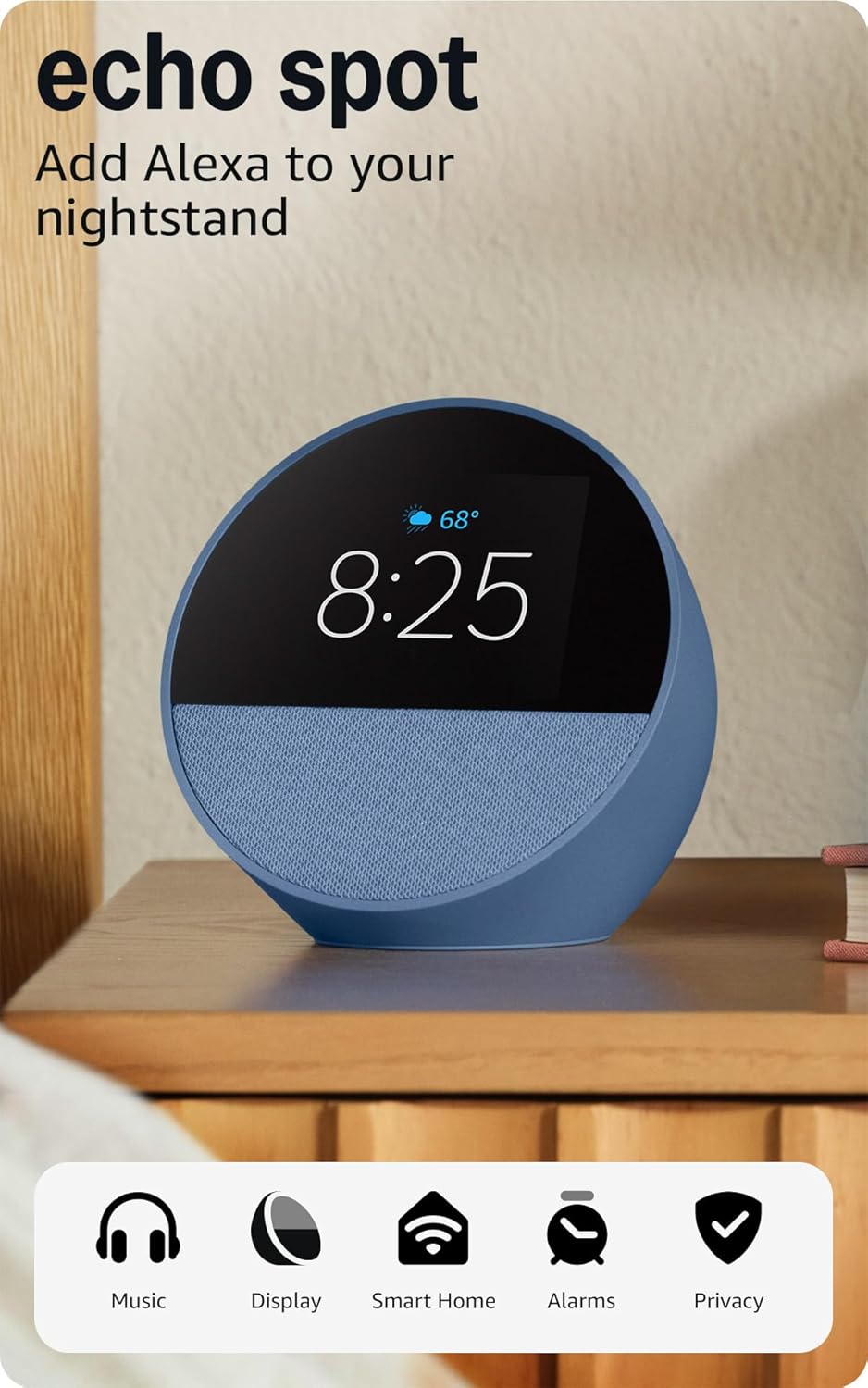 Like-New Amazon Echo Spot (newest model), Great for nightstands, offices and kitchens, Smart alarm clock, Designed for Alexa+, Ocean Blue