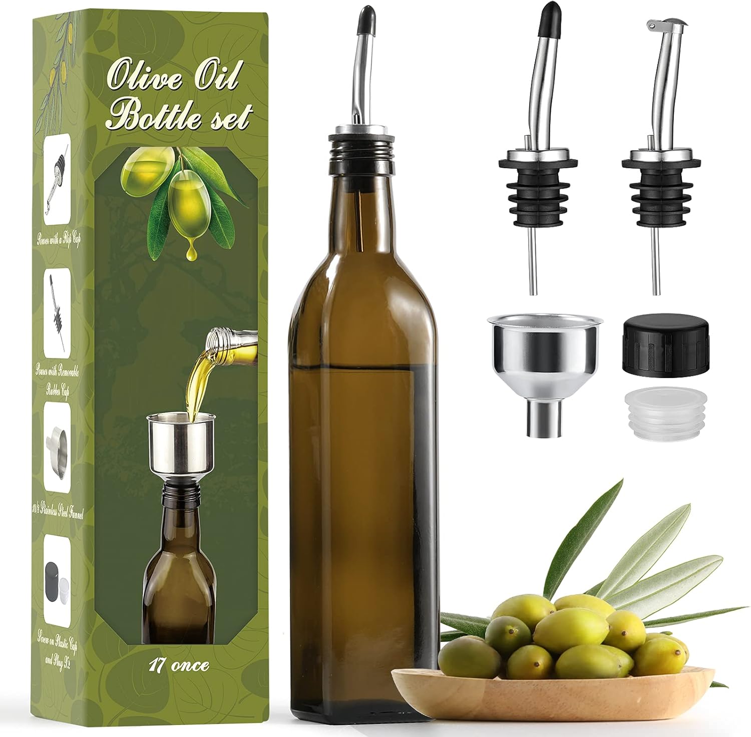 AOZITA 17oz Glass Olive Oil Dispenser – Oil and Vinegar Cruet Bottle with Stainless Steel Pourers – Funnel For Easy Refill – Olive Carafe Decanter for Kitchen