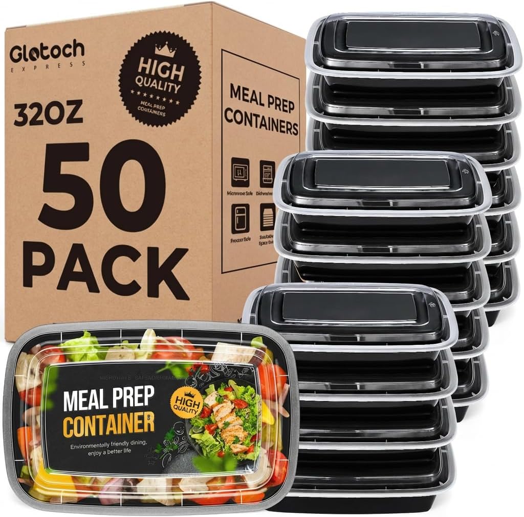 Glotoch Meal Prep Containers 32oz 50 Pack(100 Piece) with Lids, 1-compartment Plastic food storage containers Reusable, Bento boxes for portion control & takeout, Microwave/freezer/dishwasher safe