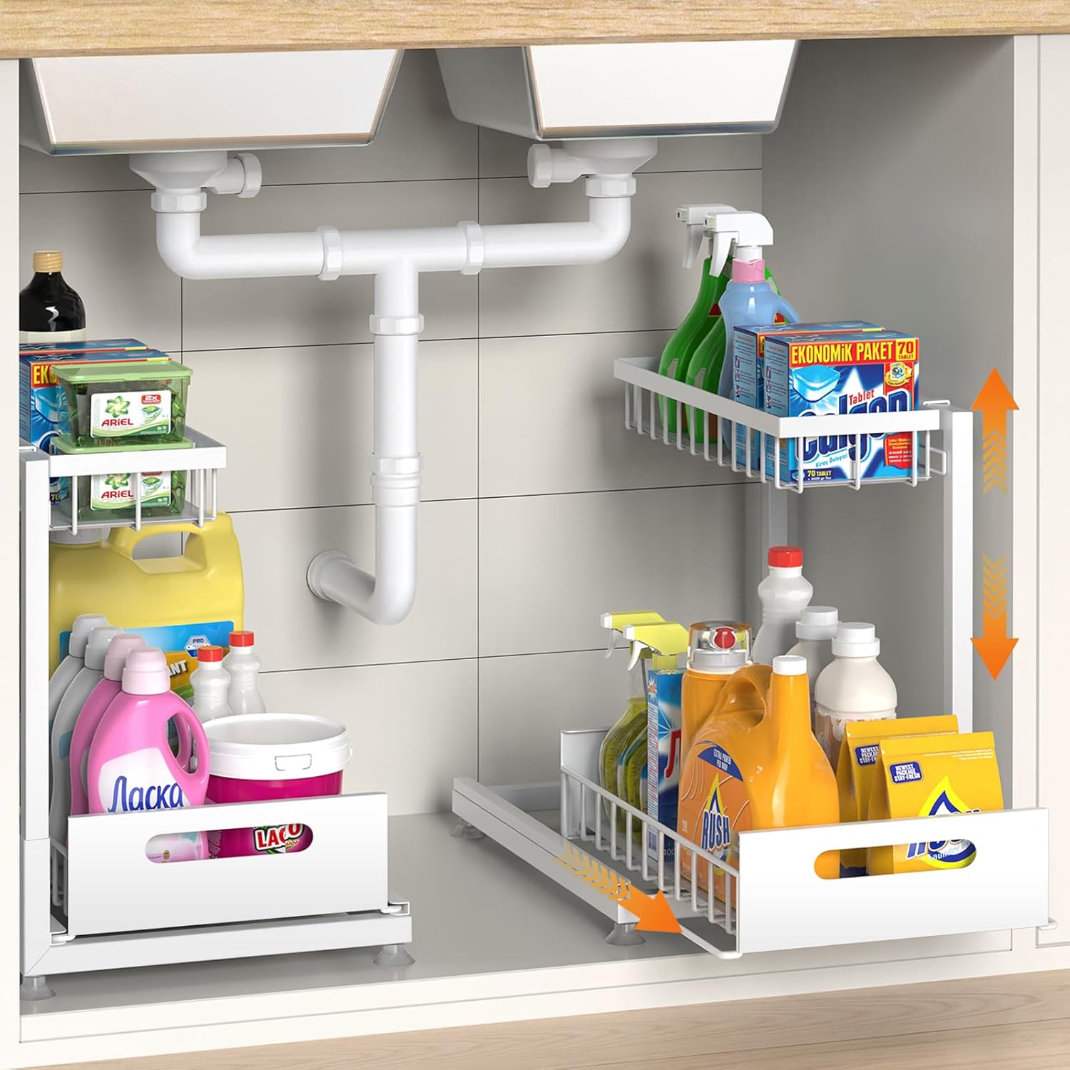 Saydear Under Sink Organizer Storage 2-Tier Premium Metal Pull-Out Kitchen Cabinet Organizer with Sliding Drawer, Height Adjustable, Heavy Duty for Kitchen & Bathroom Organizers 2 Pack White