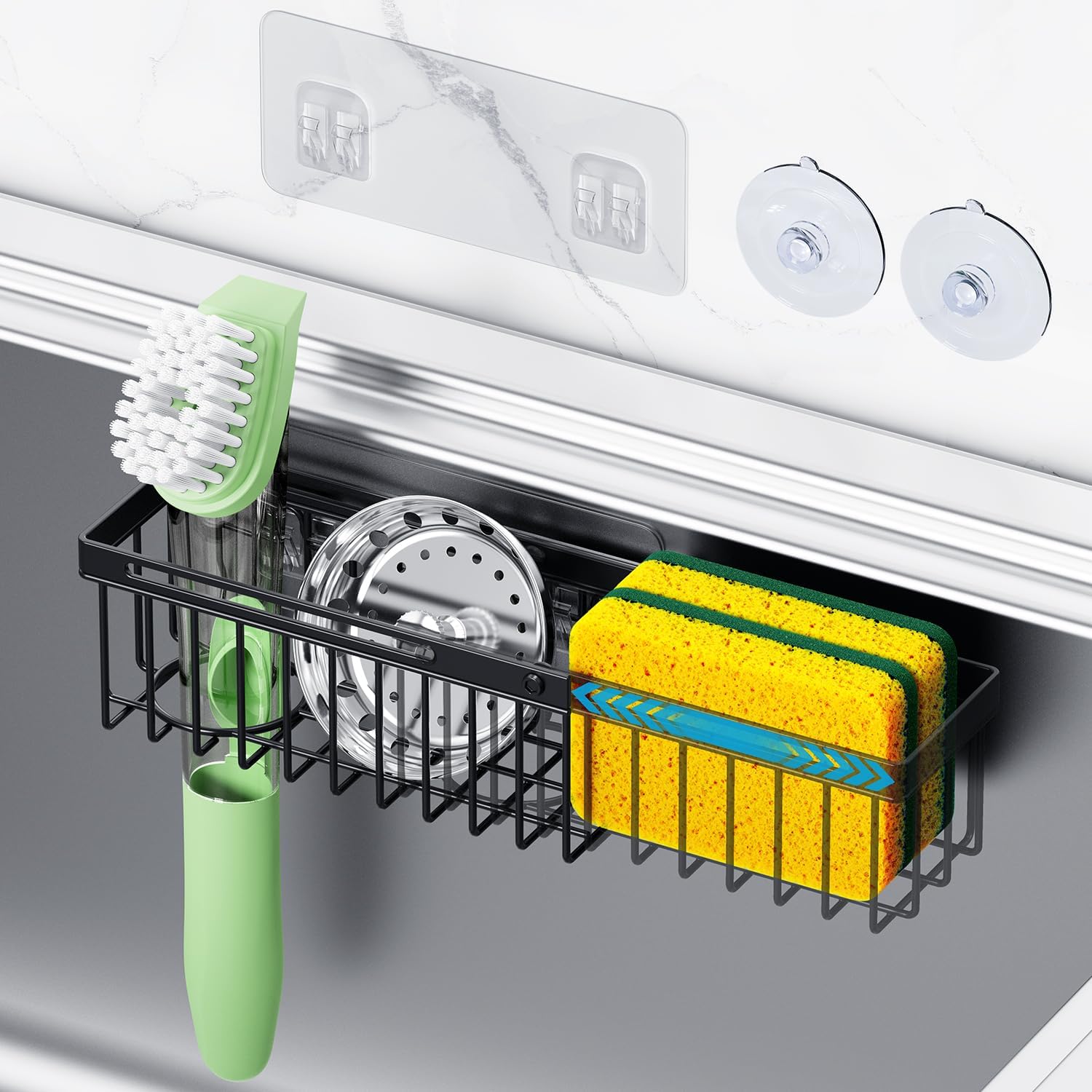Expandable Kitchen Sink Caddy, Strong Adhesive Mount Detachable Sponge Holder for Kitchen & Bathroom Sink with Extra Suction Cups, Holds Sponges, Dish Brushes, Scrubbing Pads – Black