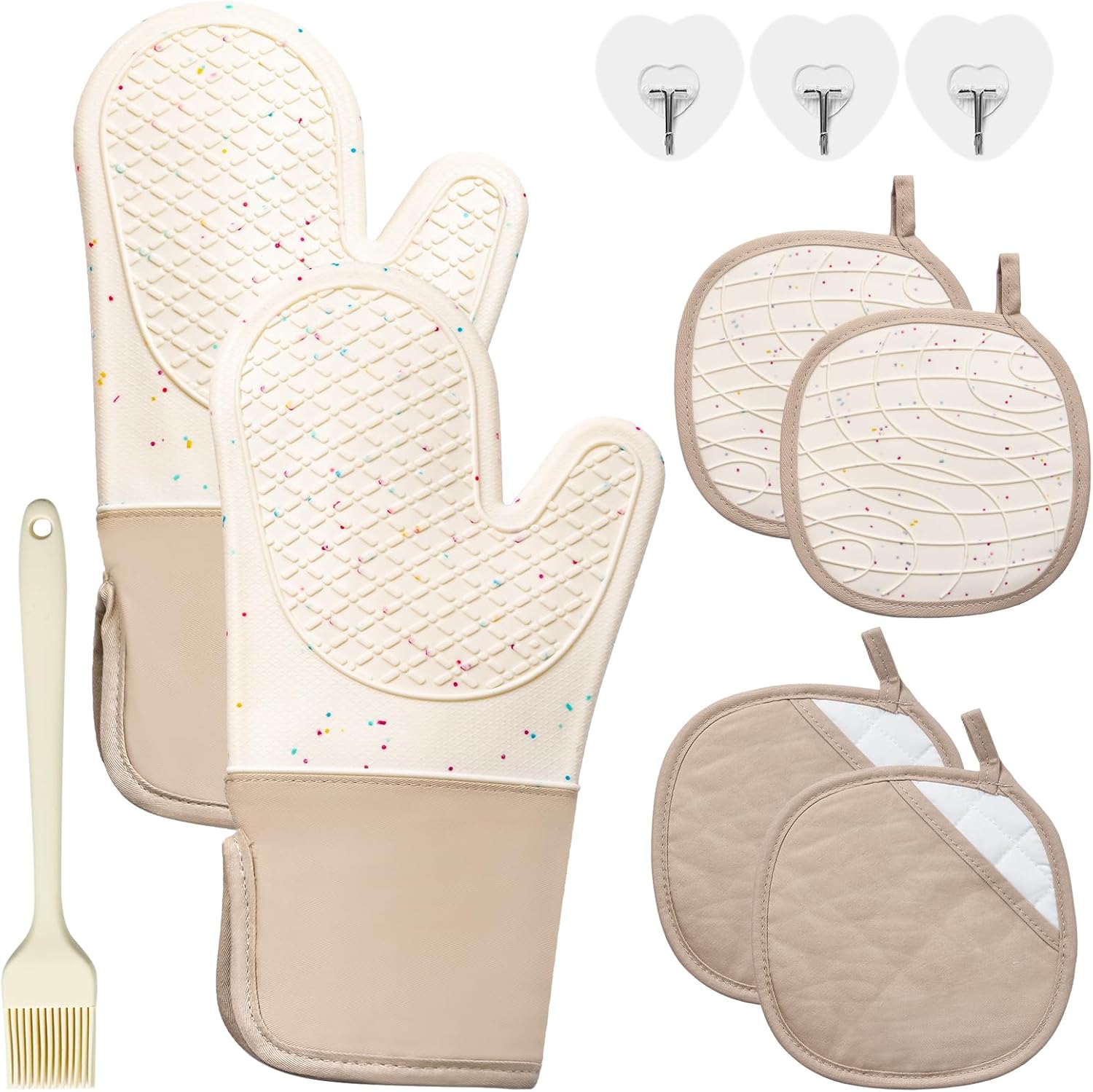 7 PCS Kitchen Oven Mitts and Pot Holders Cooking Mittens Heat Resistant 500°F Silicone Oven Mitts Soft Cotton Lining Non-Slip Oven Mittens for Kitchen Baking BBQ Cooking with Hook Up Oil Brush(Cream)