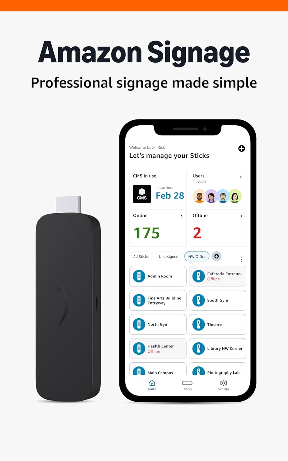 Amazon Signage Stick – Professional Digital Signage 4K Media Player – Designed for Businesses of All Sizes, Easy Setup with free Mobile App, and CMS Compatibility