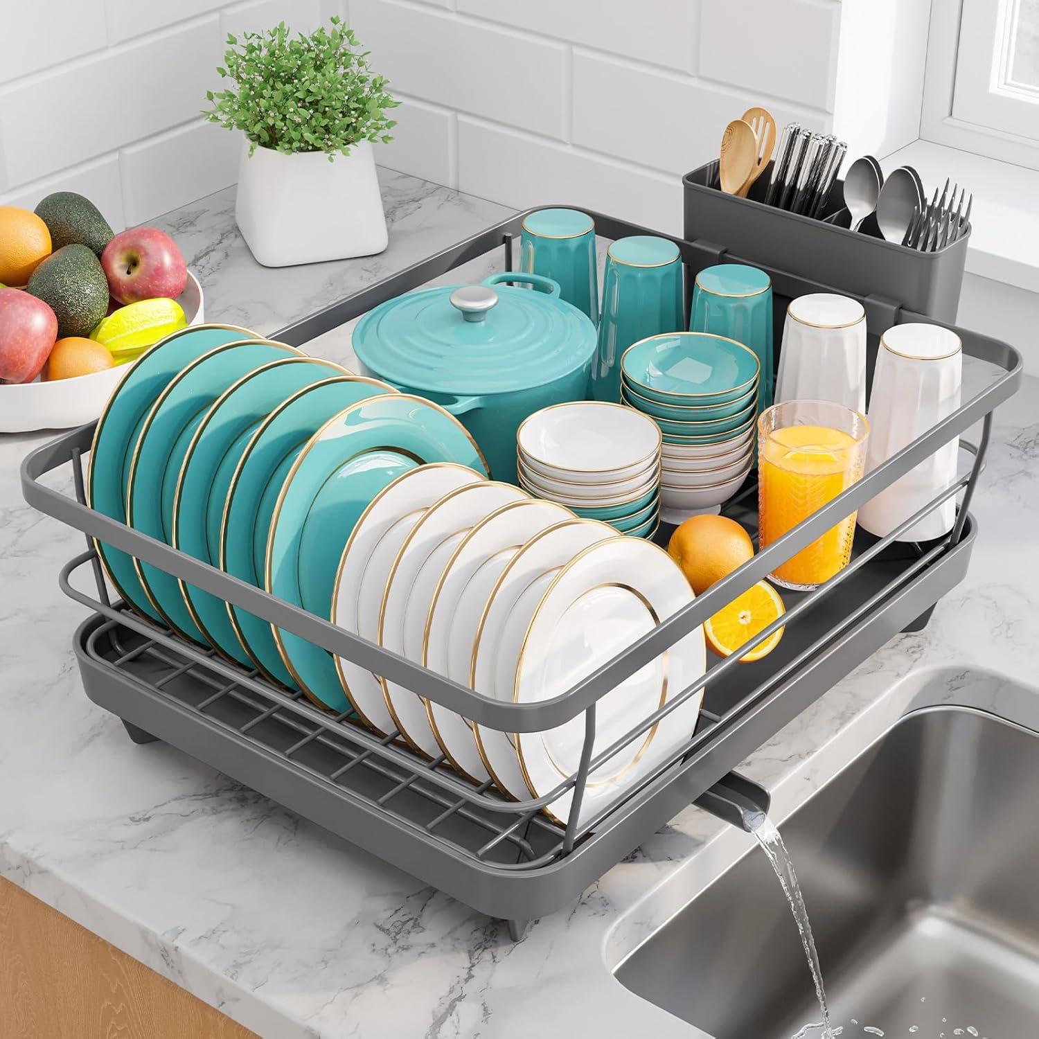 Sakugi Stainless Steel Dish Drying Rack for Kitchen Counter, Sink Organization and Storage Essentials with Silverware & Utensil Holder, Home and Apartment Decor, 12”W x 15.6”L, Gray