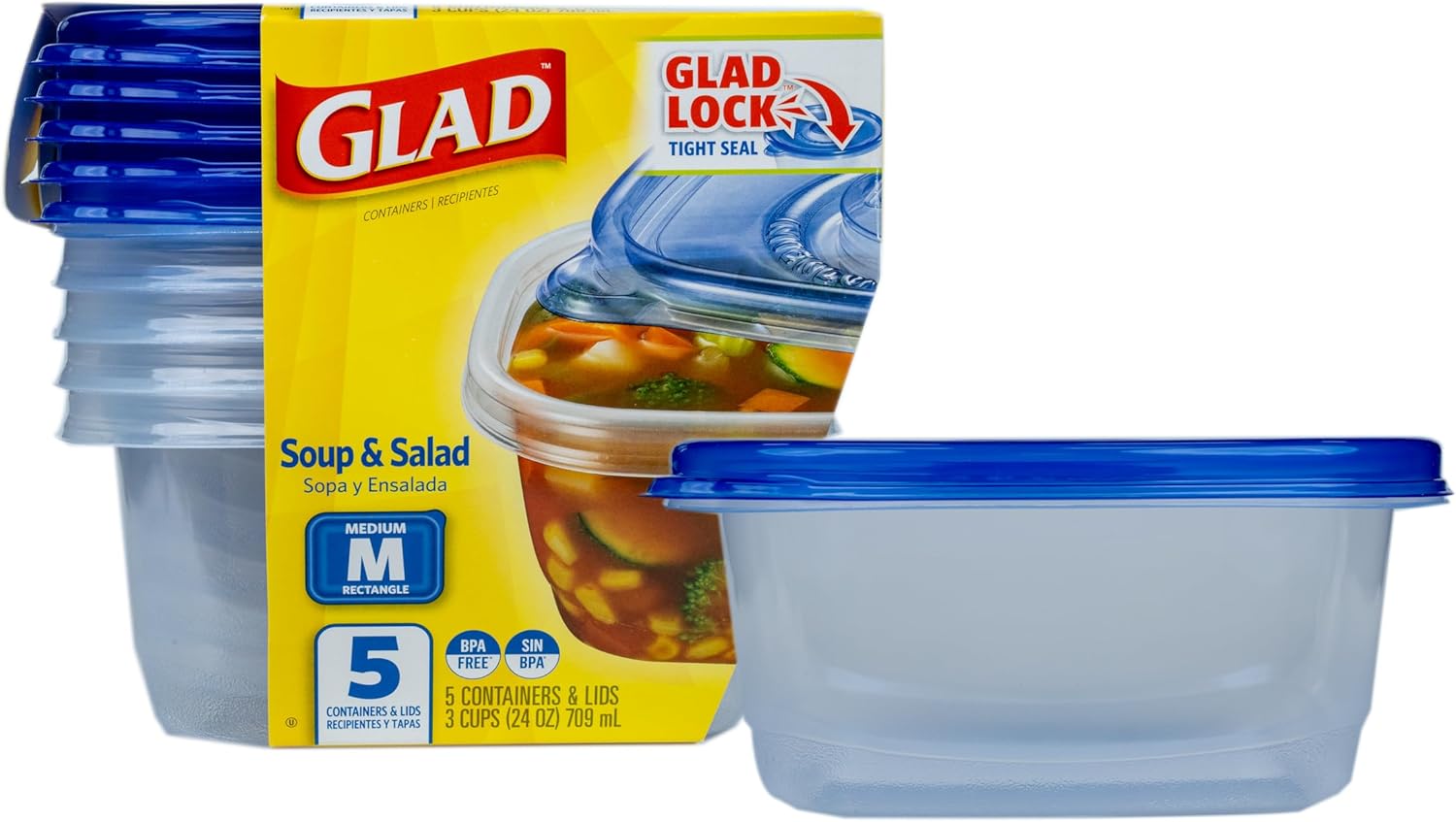 Glad GladWare Medium Rectangle Food Storage Containers with Lids, BPA Free Plastic for Soups Salads and Meal Prep, Airtight Leak Resistant, Microwave Dishwasher Freezer Safe, 24 Oz, 5 Count