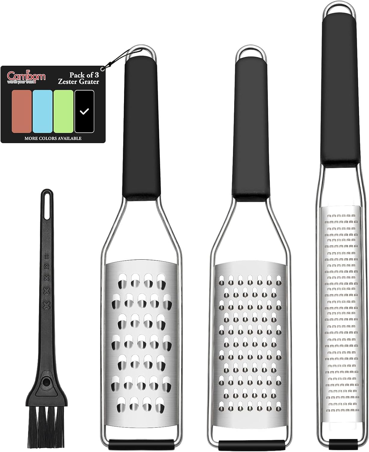 Cambom Lemon Zester Grater Three-piece Suit – Heavy Duty Kitchen Tool for Parmesan Cheese, Ginger, Garlic, Nutmeg, Chocolate, Vegetables，Fruits，Stainless Steel Grater Dishwasher Safe Black