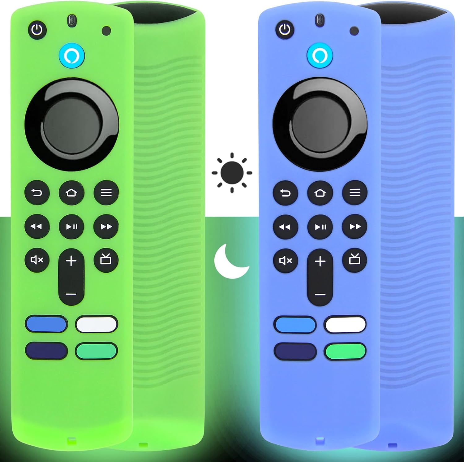 [2 Pack] Pinowu Firestick Remote Cover Case (Glow in The Dark) Compatible with Firetv Stick Alexa Voice Remote 3rd Gen, Anti Slip Silicone Sleeve with Wrist Strap (Green & Blue)