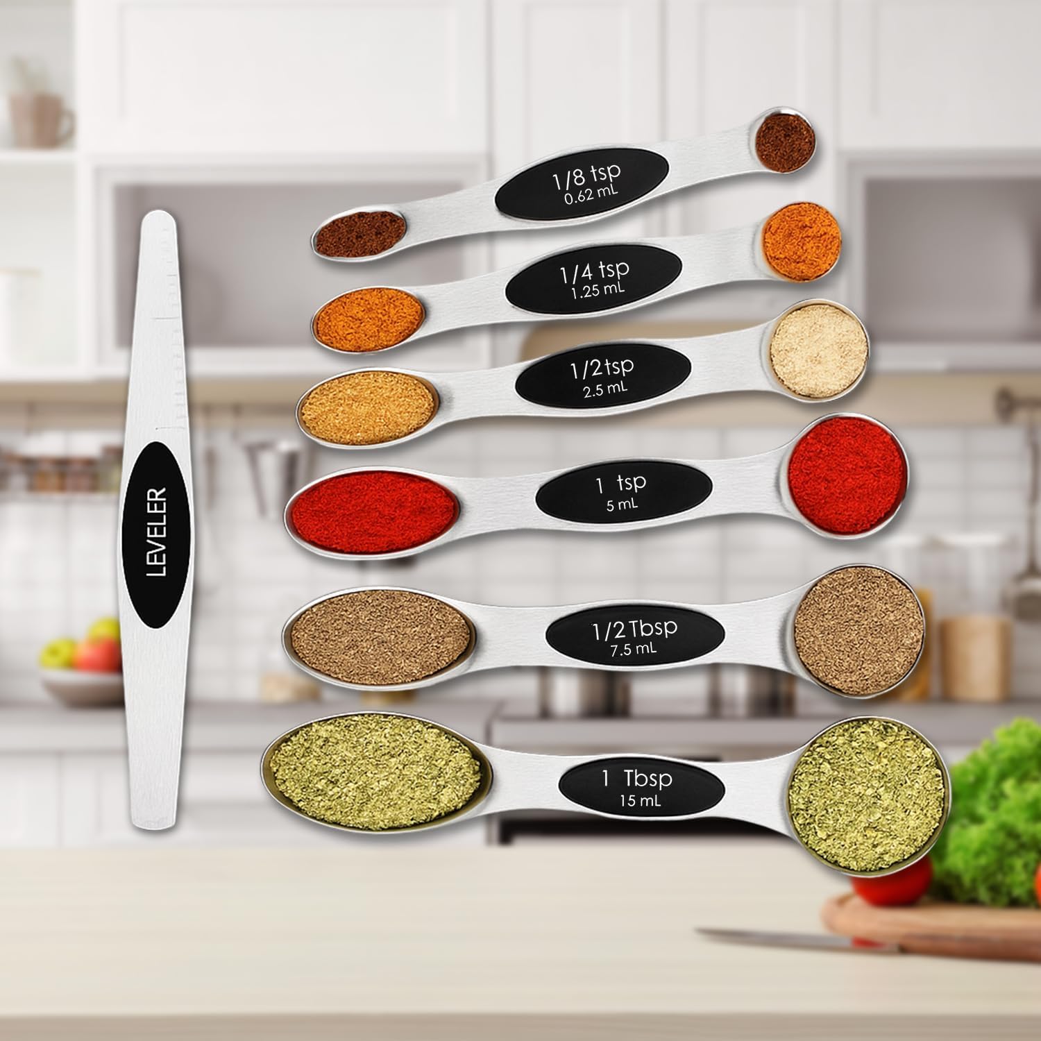 Magnetic Measuring Spoons Set with Strong N45 Magnets, Heavy Duty Stainless Steel Metal, Fits in Most Kitchen Spice Jars for Baking & Cooking, BPA Free, Set of 7 with Leveler, Black