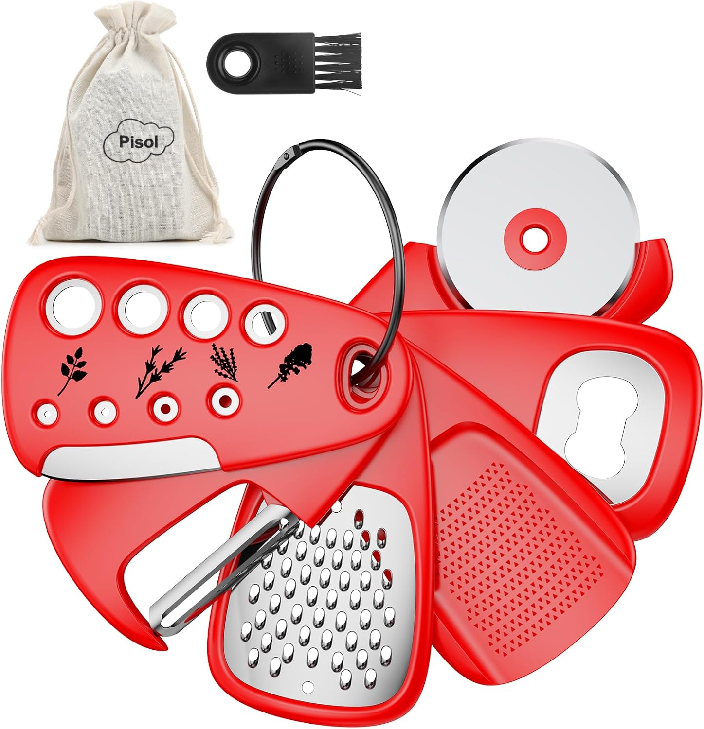 Pisol Kitchen Unique Gadgets Set 6 Pieces, Space Saving, Cheese Grater, Bottle Opener, Fruit Vegetable Peeler, Pizza Cutter, Garlic Ginger Grinder, Herb Stripper Gift Set