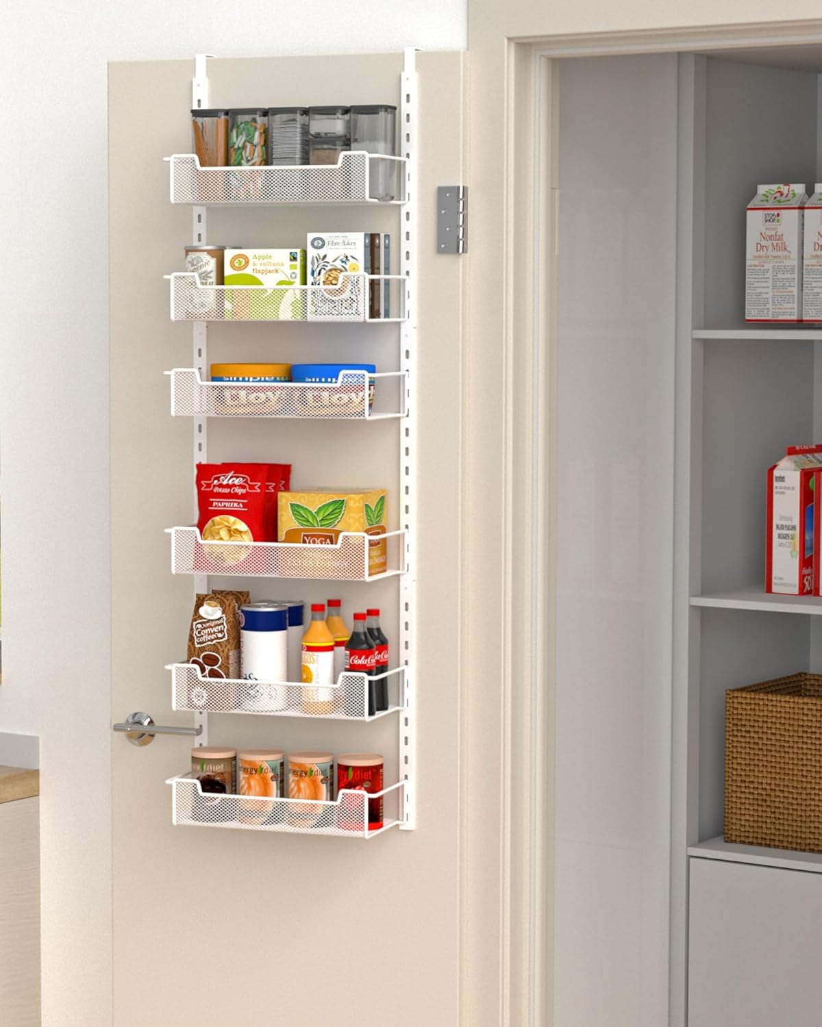 VyGrow 12.3″ W Narrow Over the Door Pantry Organizer, 6-Tier Over the Door Organizer with Adjustable Basket, Pantry Door Organization for Pantry Kitchen Storage Room Spice Rack, White