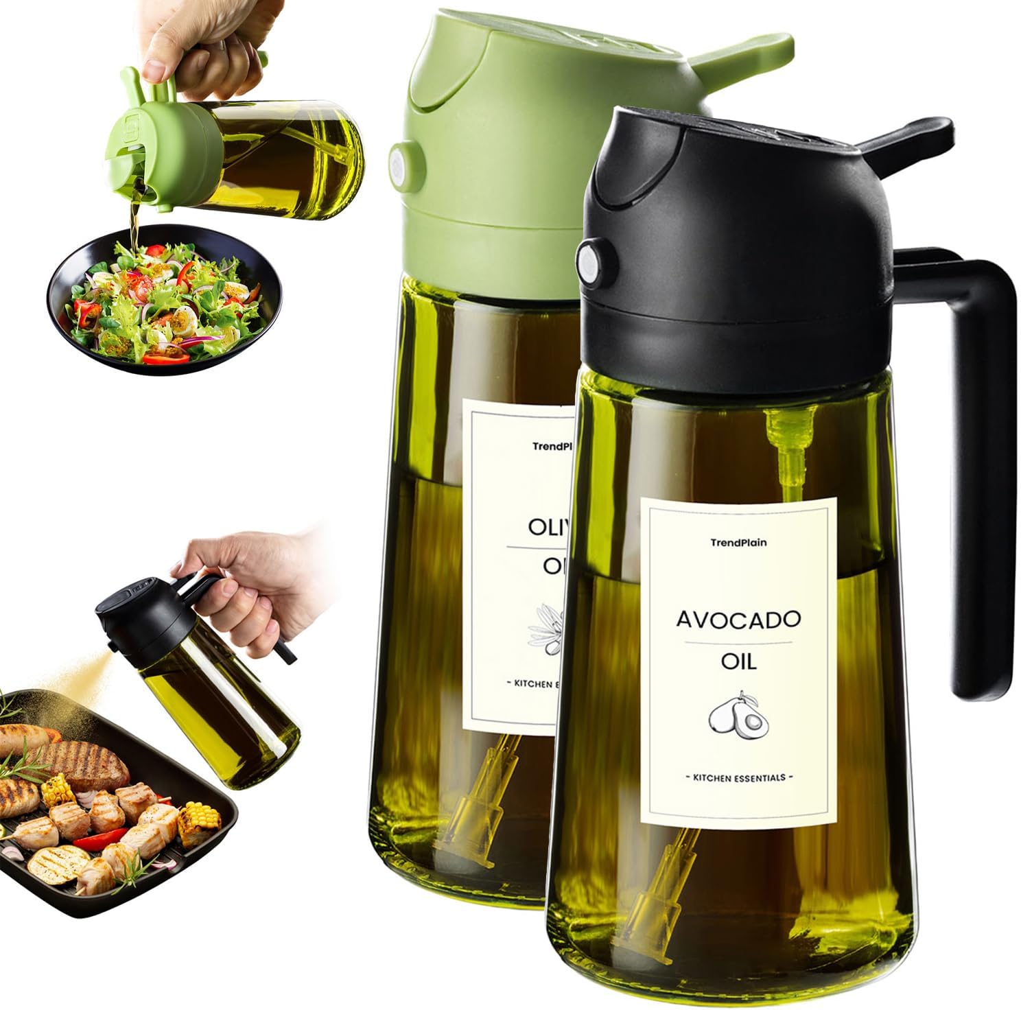TrendPlain – Original 16oz/470ml Olive Oil Dispenser Bottle for Kitchen Gadgets and Air Fryer Accessories – Olive Oil Sprayer for Cooking w/Stickers – Black&Green