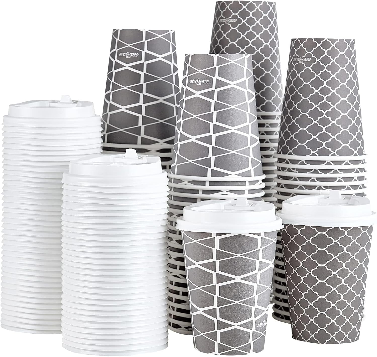 JOLLY PARTY Disposable Coffee Cups with Lids -12 oz (100 Sets) To Go Cups, Paper Coffee Cups for Beverages Espresso Tea, Suitable for Cafes, Offices and Home