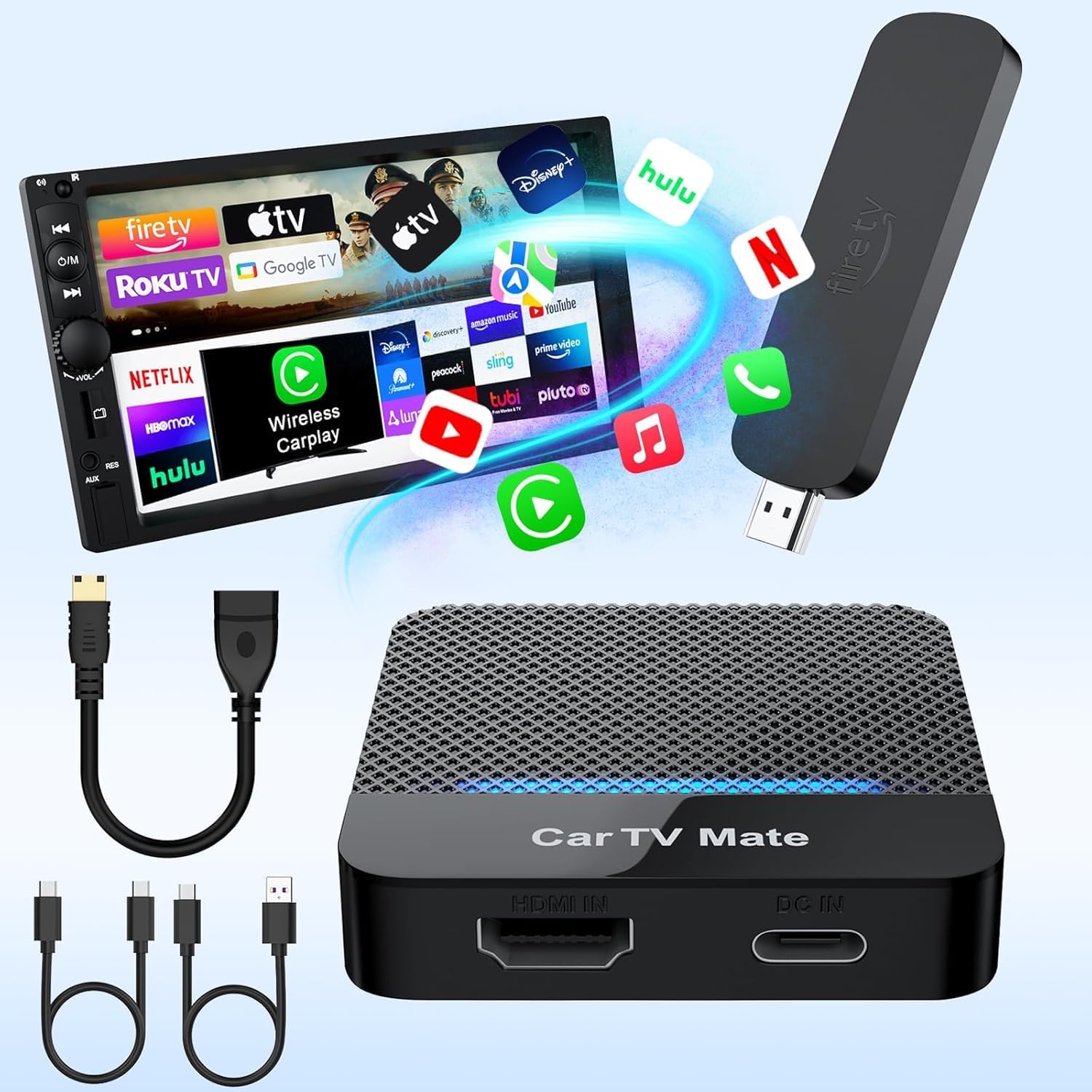 Car TV Mate Pro –Wireless CarPlay & HDMI Adapter for Fire T V Stick, iPhone, Android – Plug & Play 2K Streaming Dongle for Car Screens Entertainment – USB-C & USB-A Compatible (2016+)