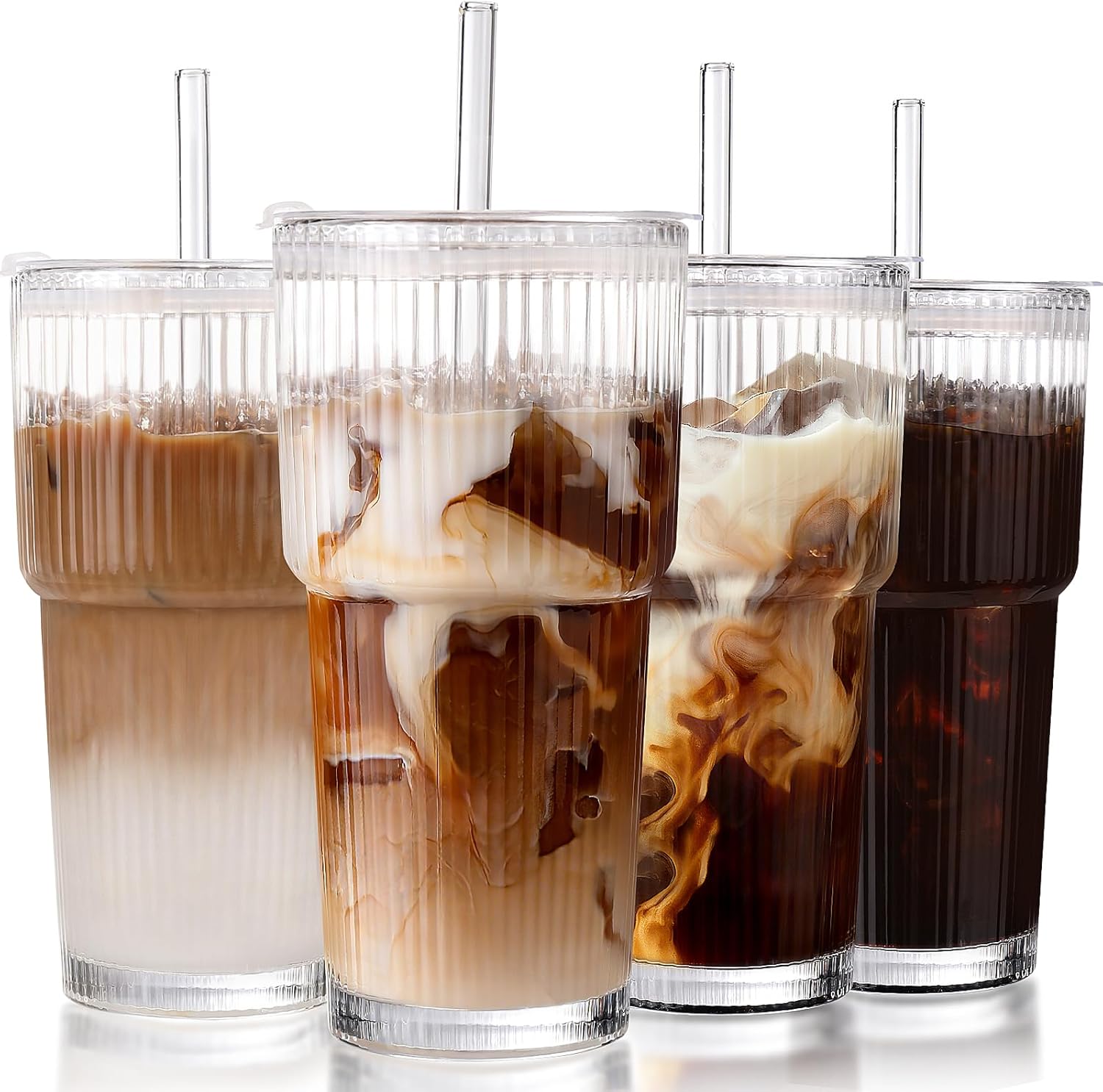 Iced Coffee Cups with Lids: Coffee Bar Accessories – Ribbed Glass Tumbler with Straw and Lid 4Pcs – 20oz Leak Proof Tumbler – Reusable Glass Cups and Tumblers with Lid and Straws for To Go Iced Coffee