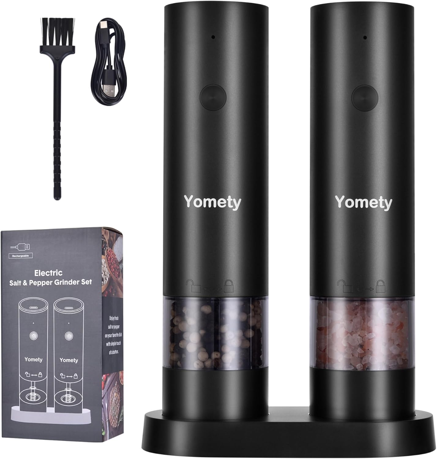 Electric Salt and Pepper Grinder Set-Rechargeable Salt and Pepper Mill Set All in One, Automatic Refillable Adjustable Coarseness Ceramic Grinder, Salt and Pepper Shakers for Kitchen Appliances