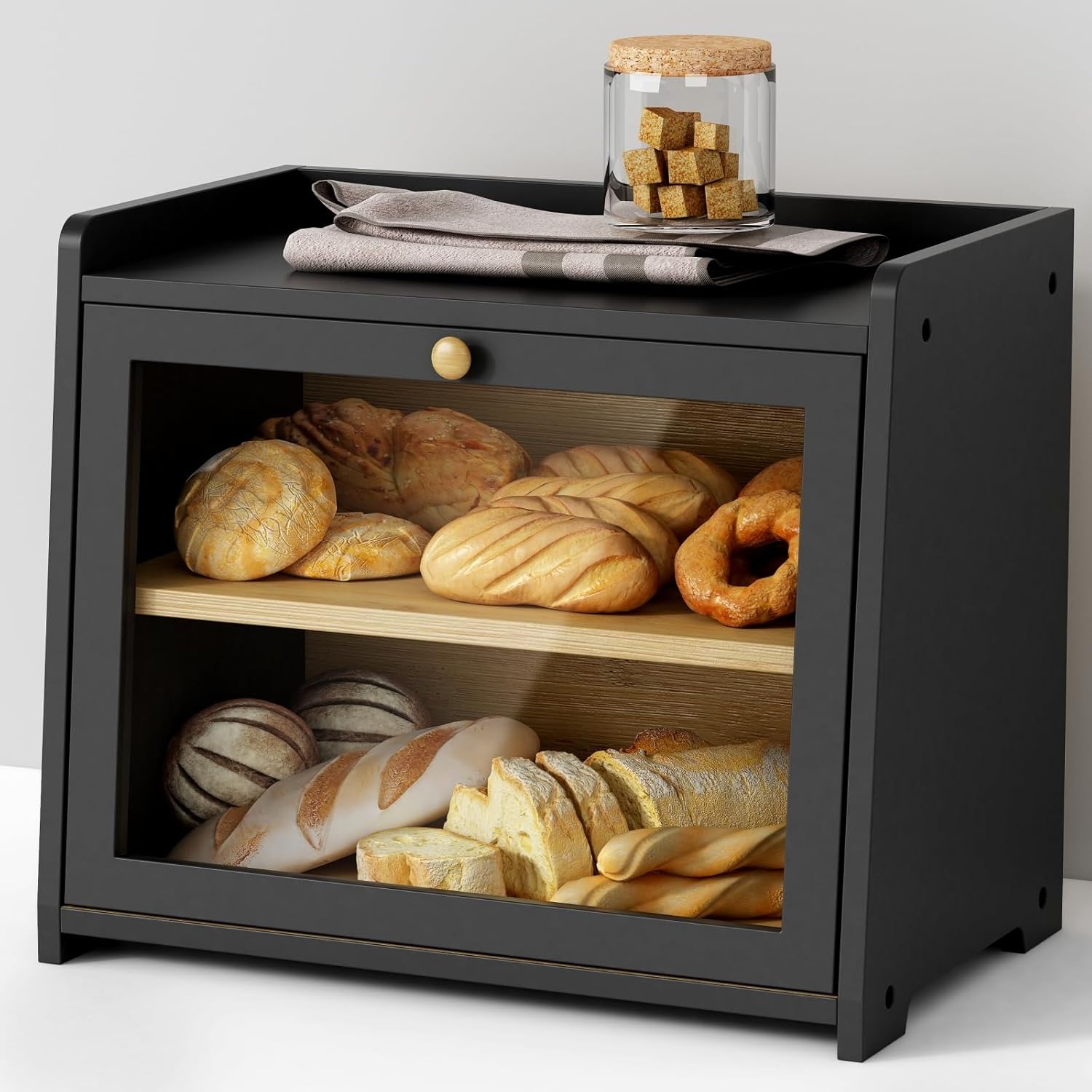 Goozii Double Layer Bread Box for Kitchen Countertop, Large Bread Storage Container for Counter Top, 2 Tier Wood Farmhouse Vintage Breadbox for Homemade Bread, Corner, Cabinet, Pantry (Black)