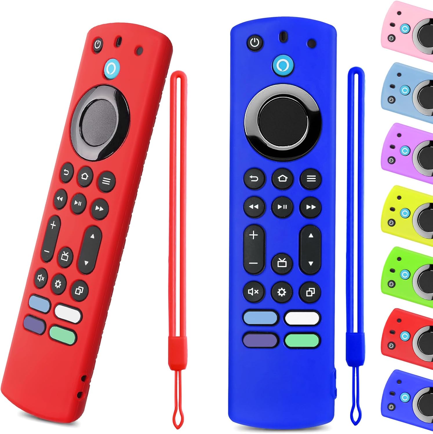 OneBom (2pcs) Silicone Remote Cover for Firetv 4K Max (2nd)/ Insignia/Pioneer/Toshiba/Omni (QLED) Series, Anti-Slip Protective Case with Same Color Lanyard (Blue&Red)