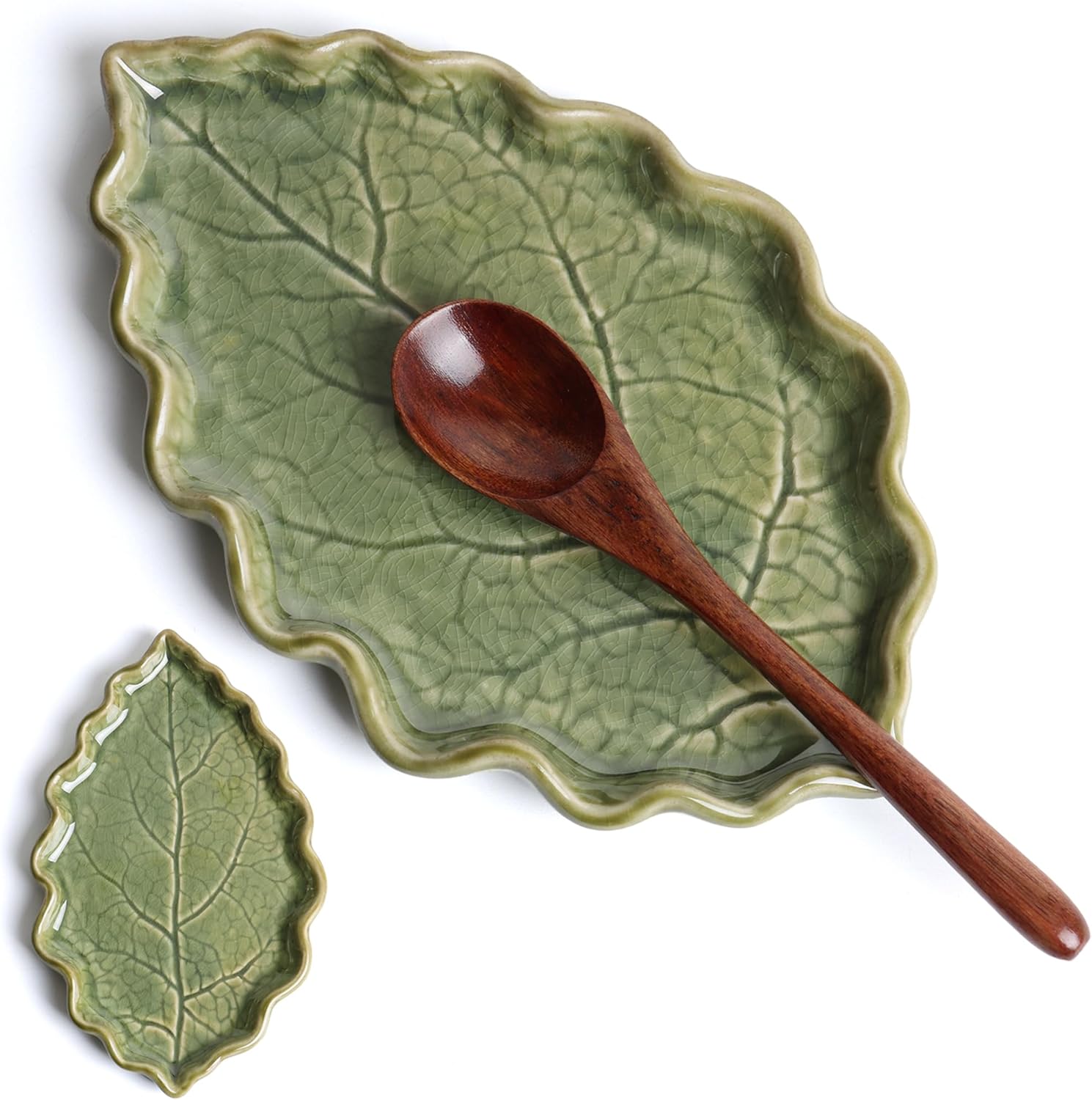 Ceramic Spoon Rest for Stove Top – Cute Green Leaf Shaped Spoon Rest/Spoon Holder for Kitchen Countertop – Cooking Kitchen Spoon Rest Utensil Rest Spatula Rest (Green)